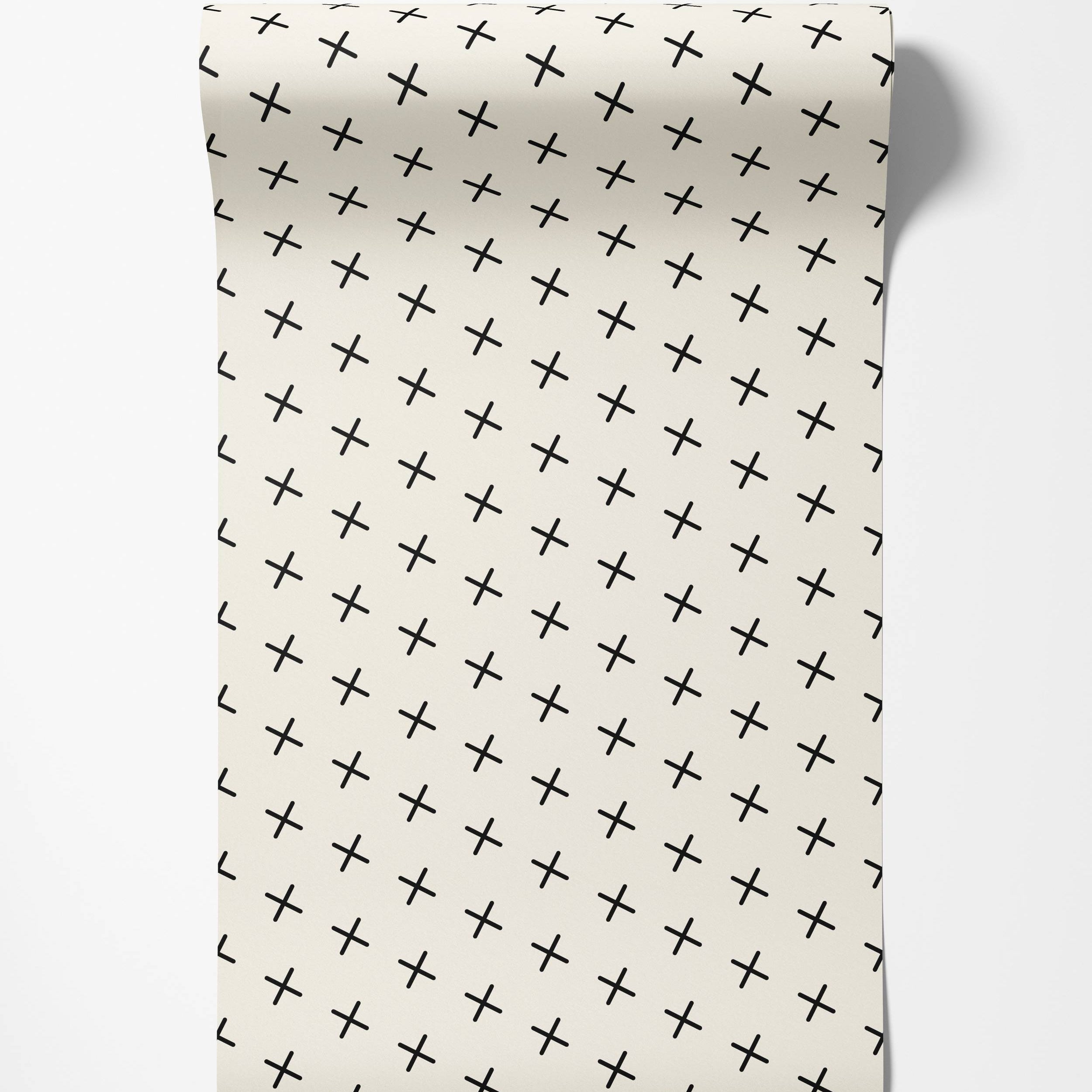 Cream wallpaper with a repeating diagonal grid pattern of simple black plus signs.