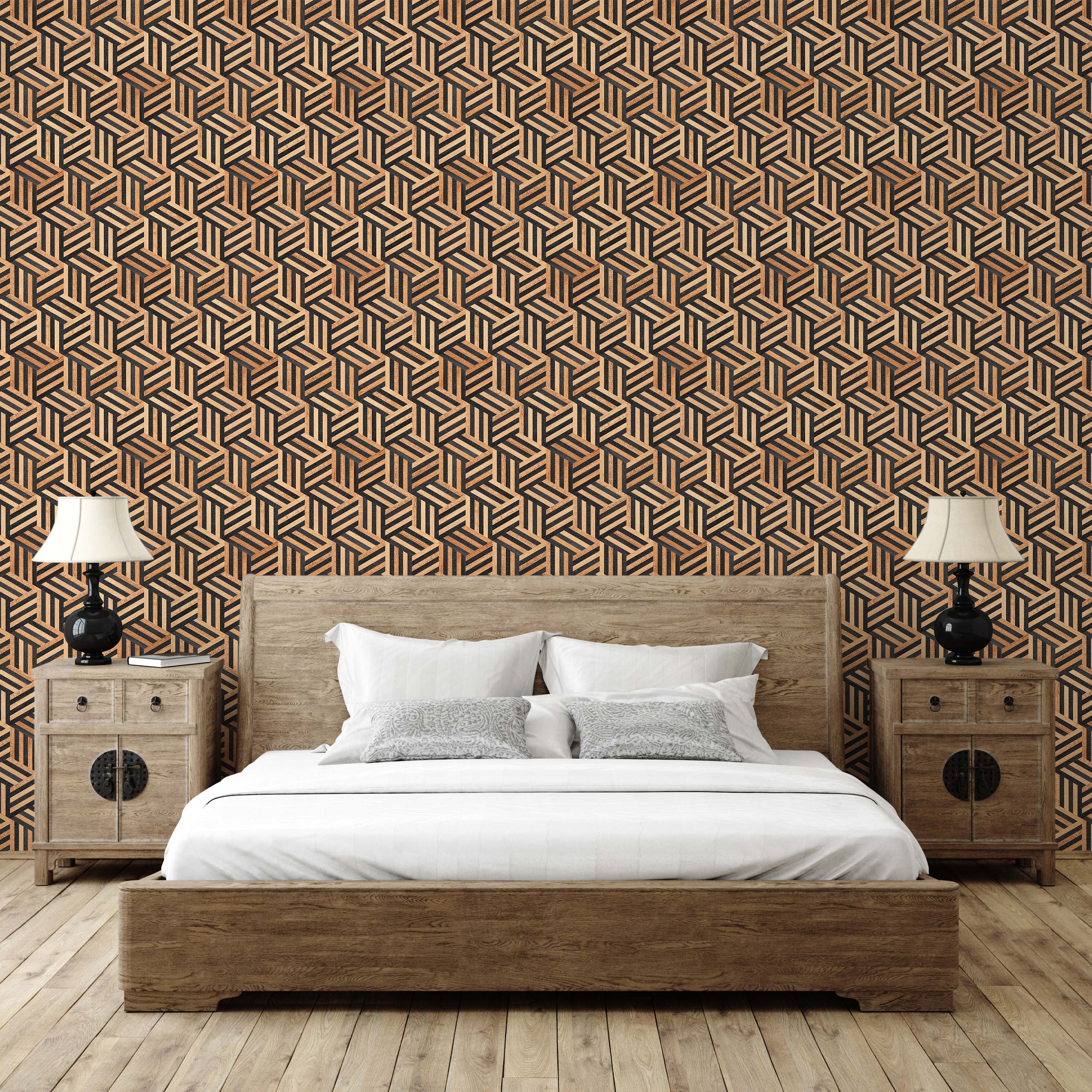 Wallpaper featuring a 3D cubic illusion pattern composed of striped wood panels in shades of brown and black.