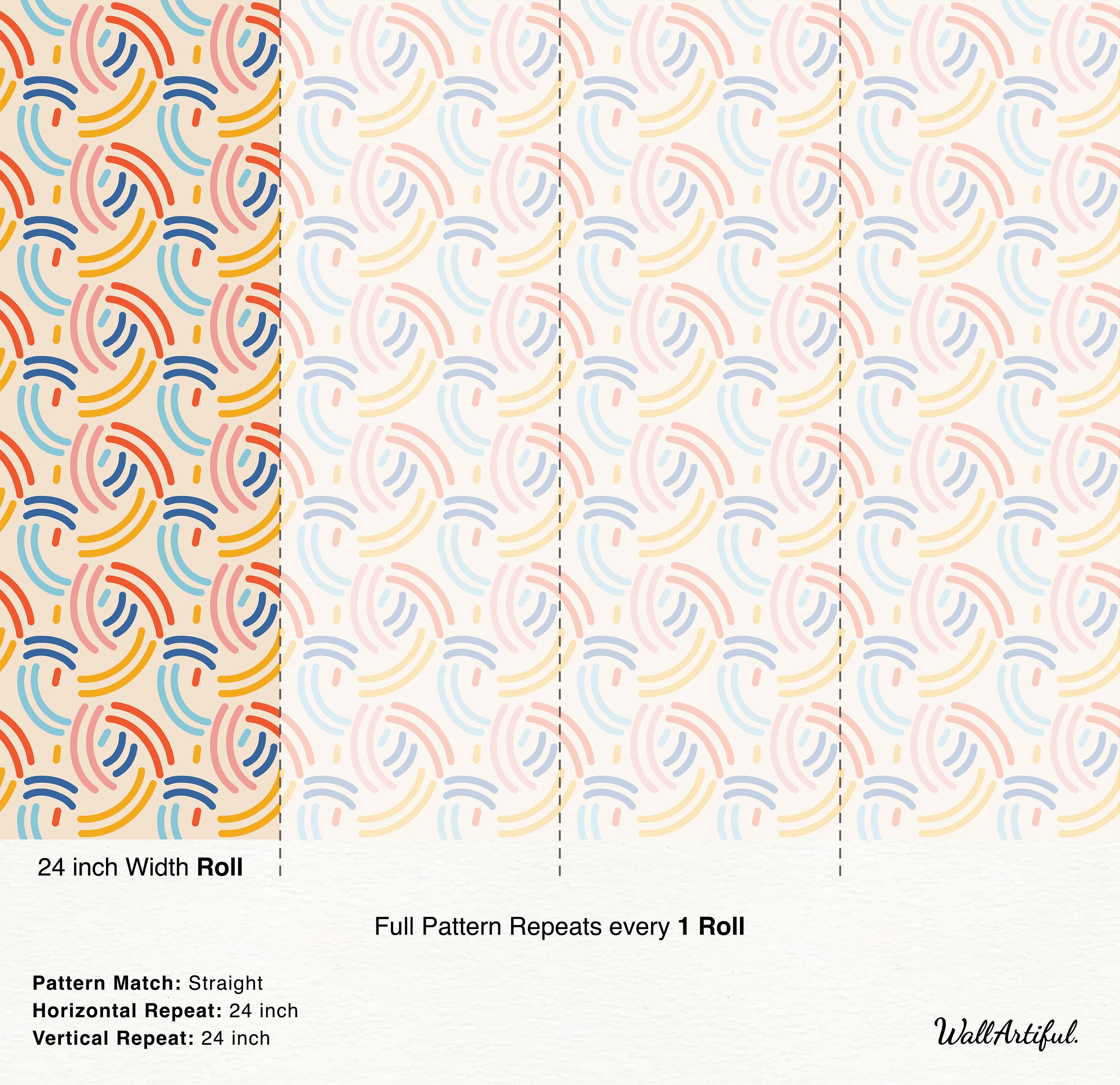 Abstract wallpaper with repeating curved line motifs in orange, pink, blue, yellow, and navy on a cream background.