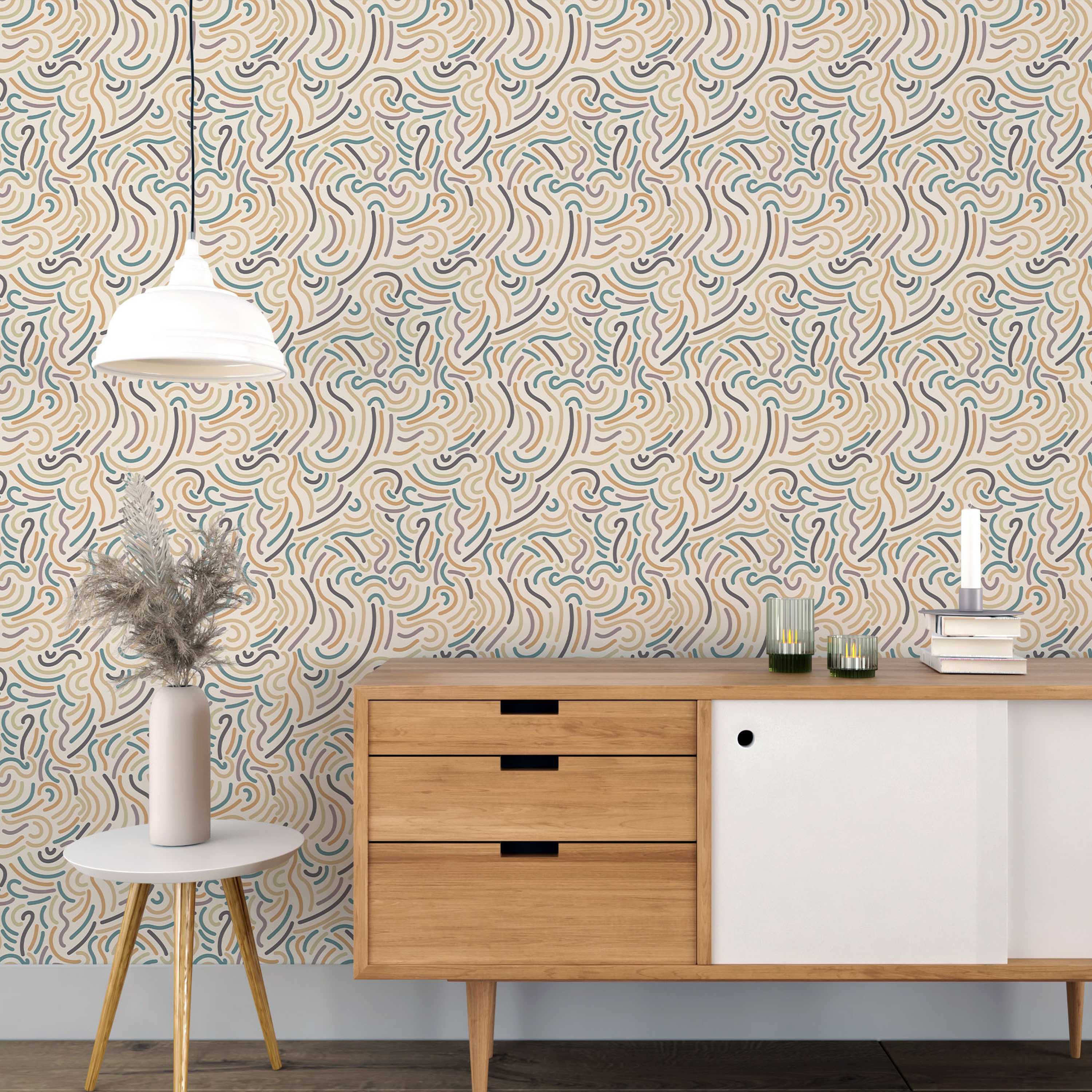 Abstract wallpaper with dense, short, wavy lines in muted teal, ochre, brown, and lavender on a beige background.
