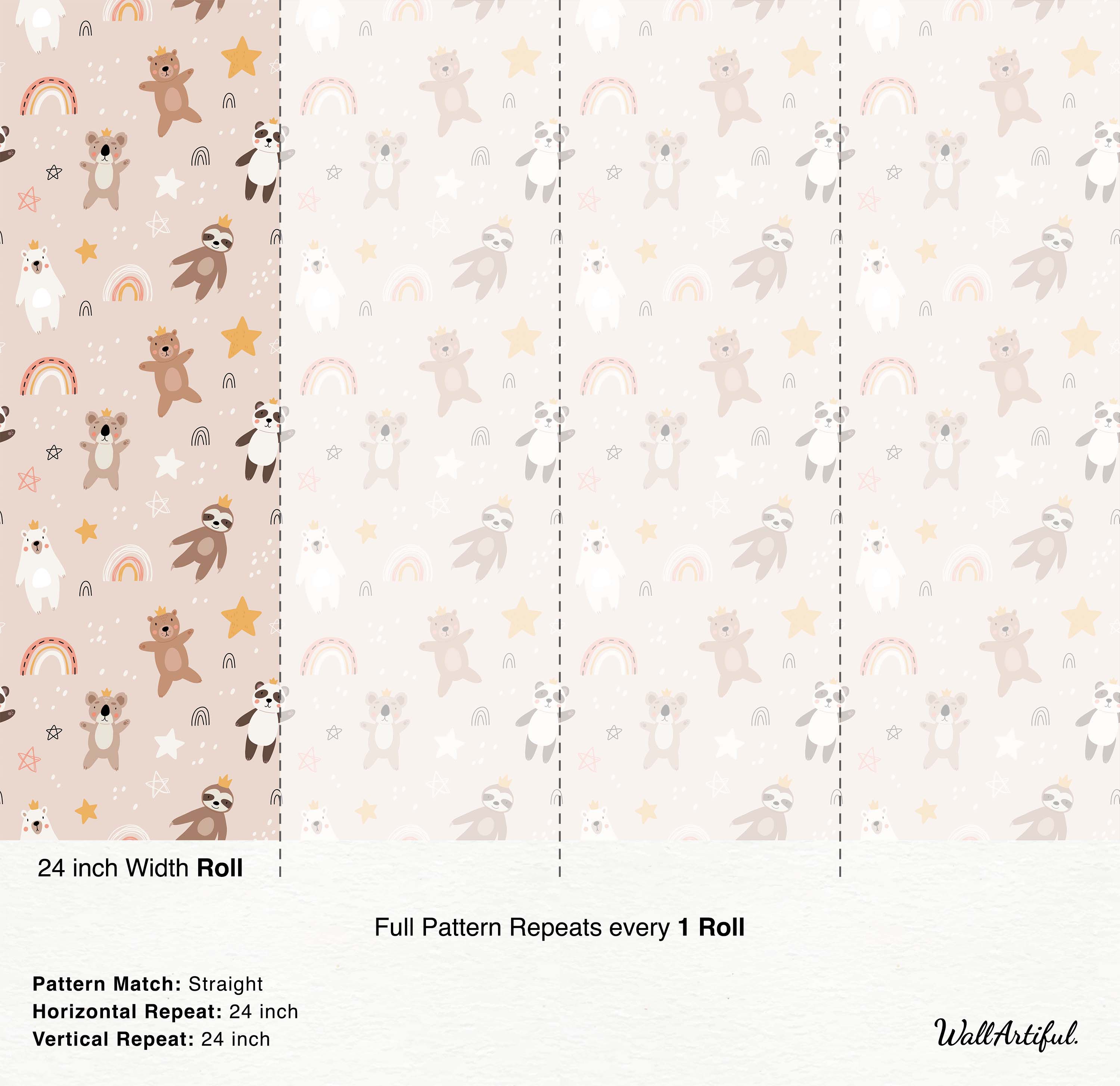 Cute cartoon animal wallpaper featuring crowned bears, koalas, pandas, sloths, rainbows, and stars on a light pink background.