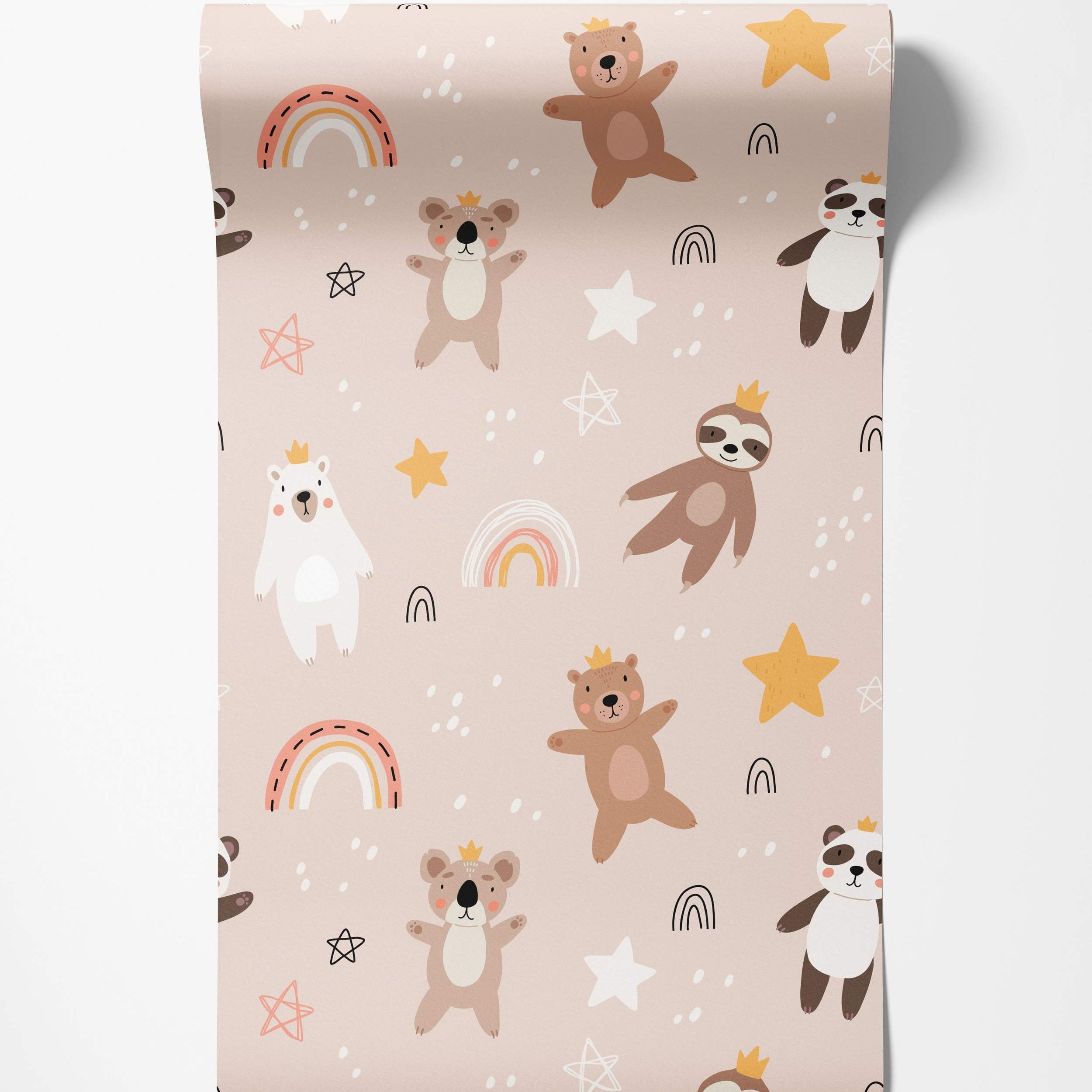Cute cartoon animal wallpaper featuring bears, koalas, pandas, and sloths with crowns, stars, and rainbows on a pale pink background.