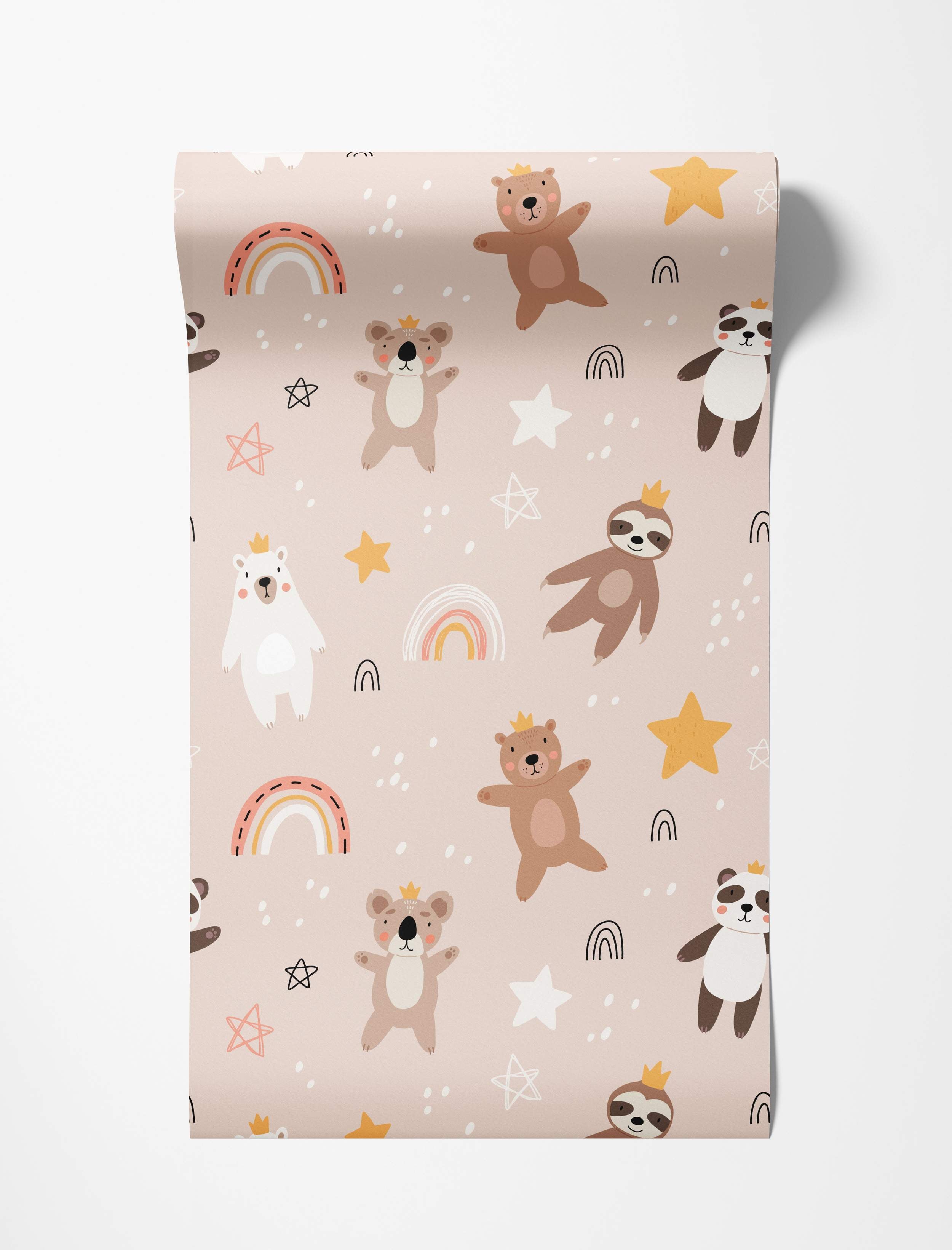 Cute cartoon animal wallpaper featuring bears, koalas, pandas, and sloths with crowns, stars, and rainbows on a pale pink background.