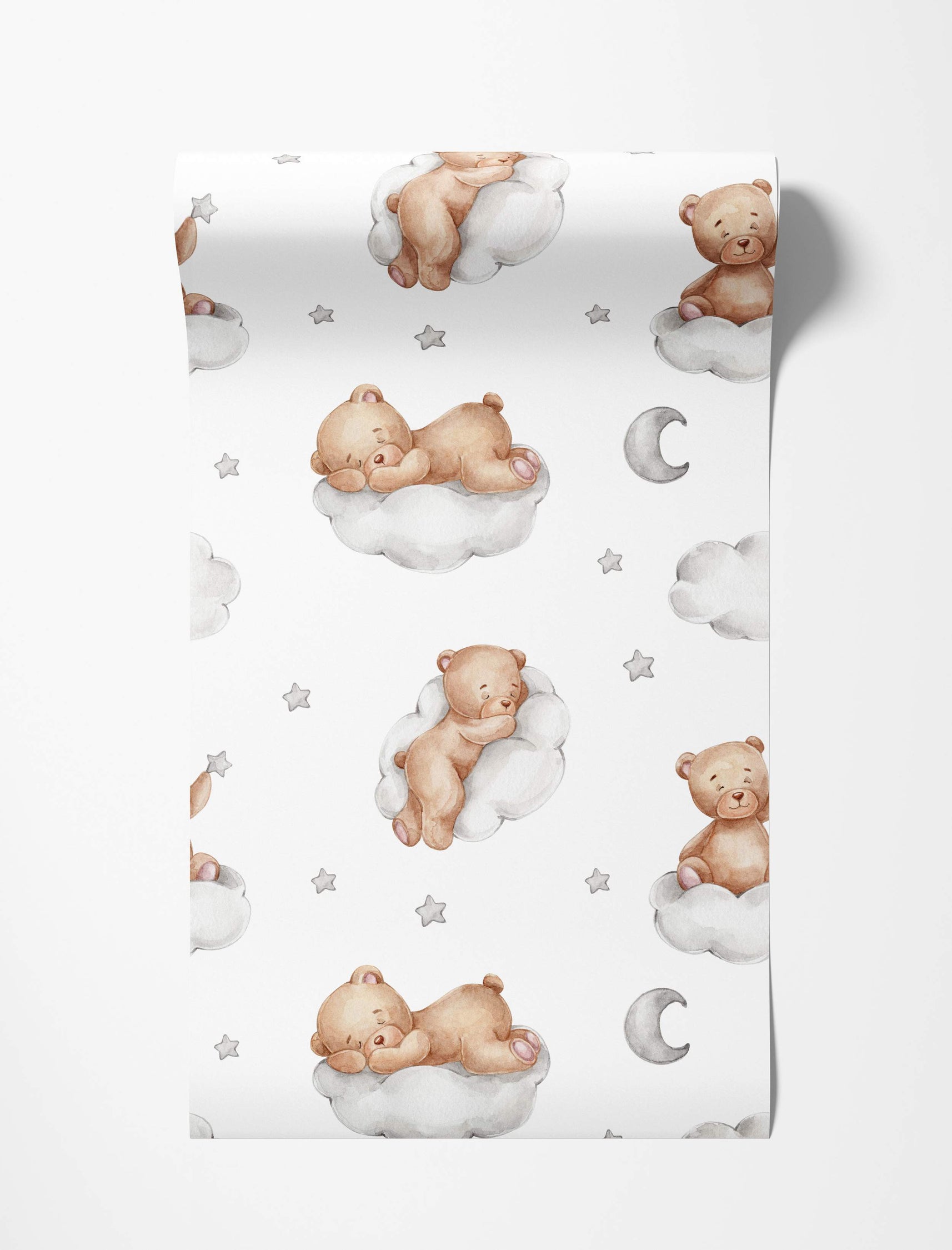 Adorable watercolor bears on clouds with stars and moons wallpaper