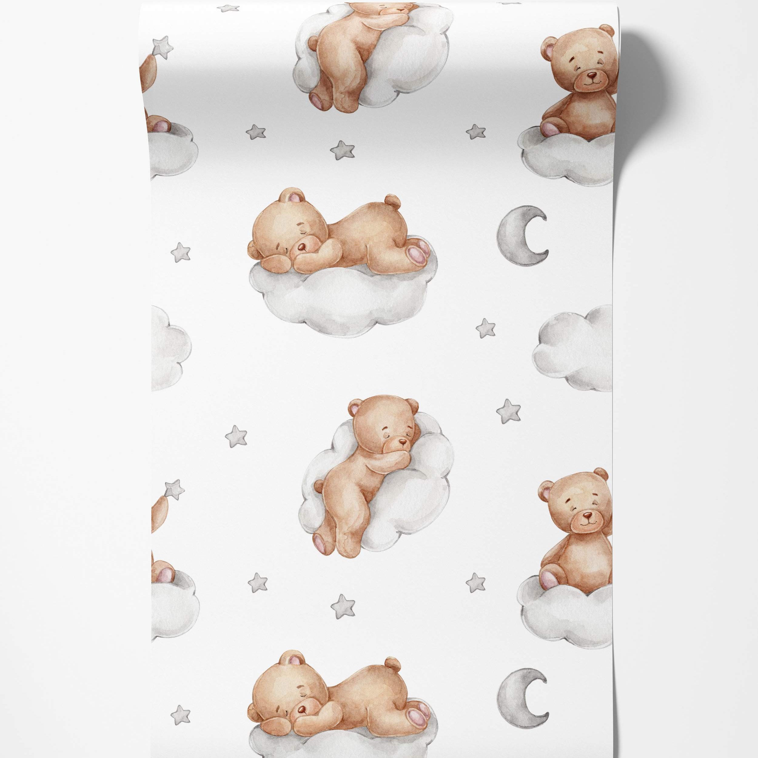 Adorable watercolor bears on clouds with stars and moons wallpaper