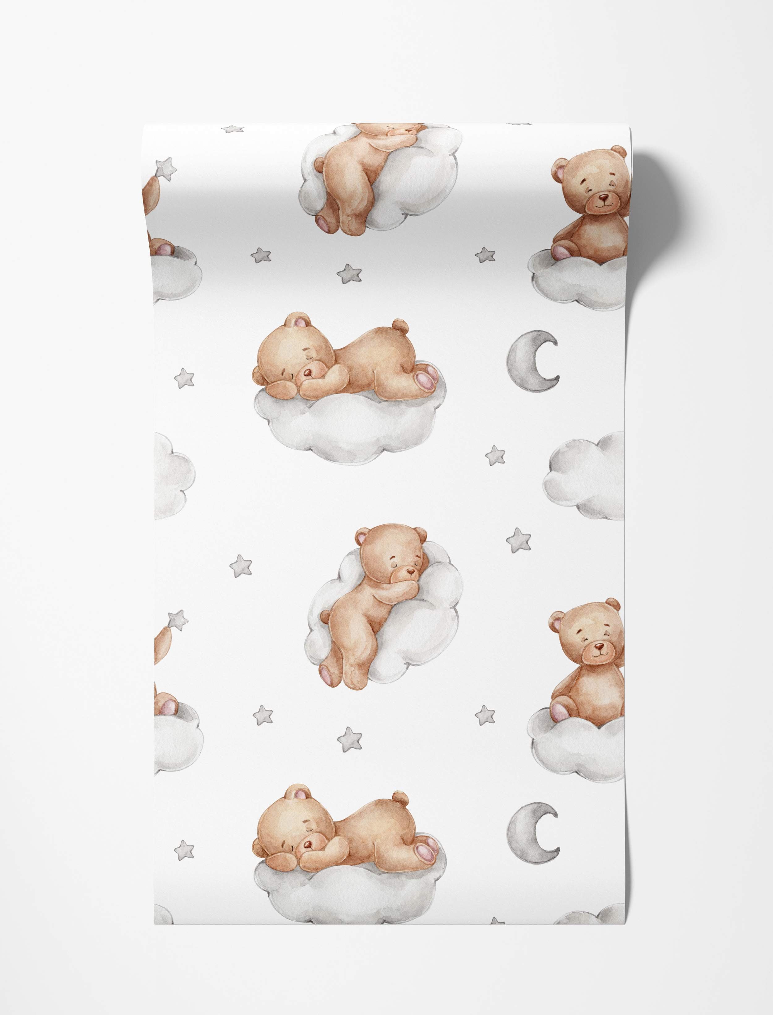 Adorable watercolor bears on clouds with stars and moons wallpaper