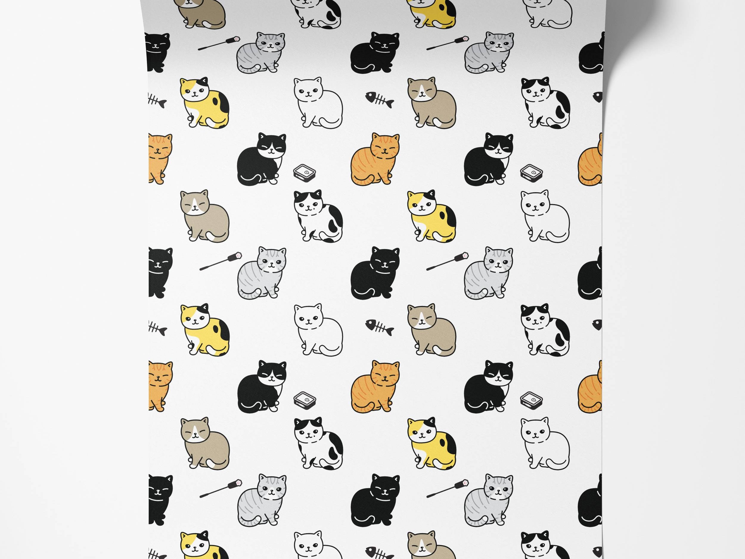 A cute wallpaper with a repeating pattern of cartoon cats in orange, black, gray, and yellow on a plain white background.