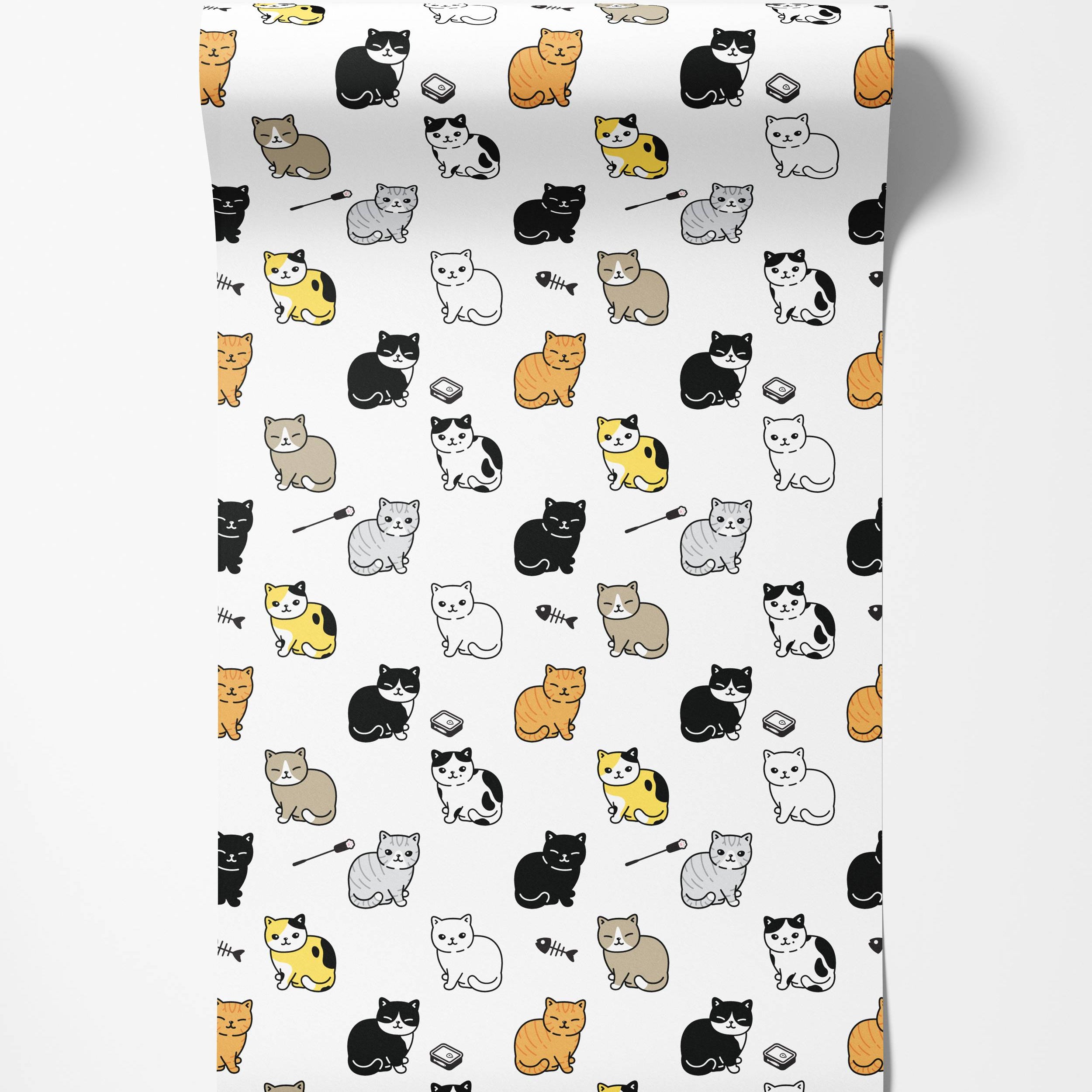 A cute wallpaper with a repeating pattern of cartoon cats in orange, black, gray, and yellow on a plain white background.