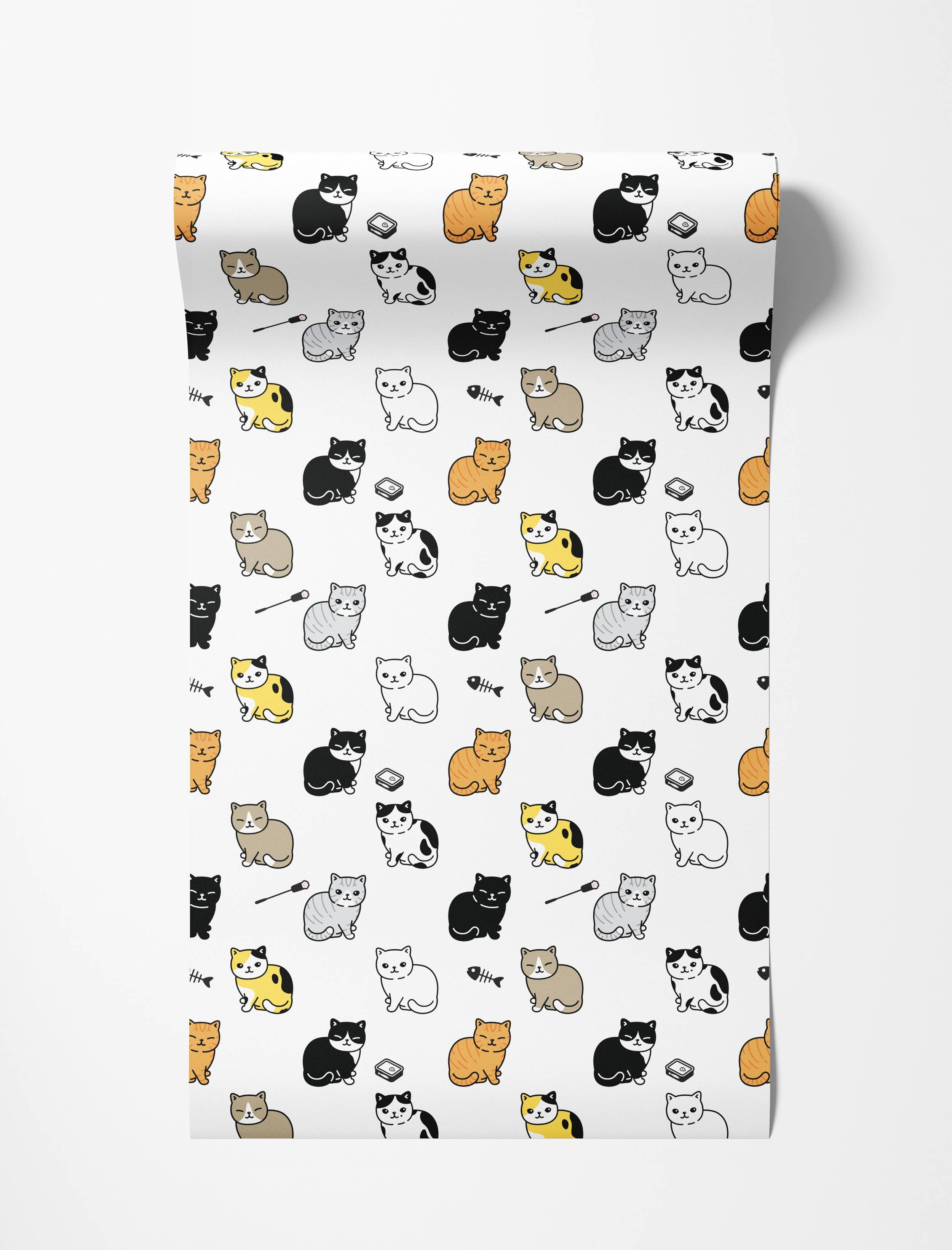 A cute wallpaper with a repeating pattern of cartoon cats in orange, black, gray, and yellow on a plain white background.