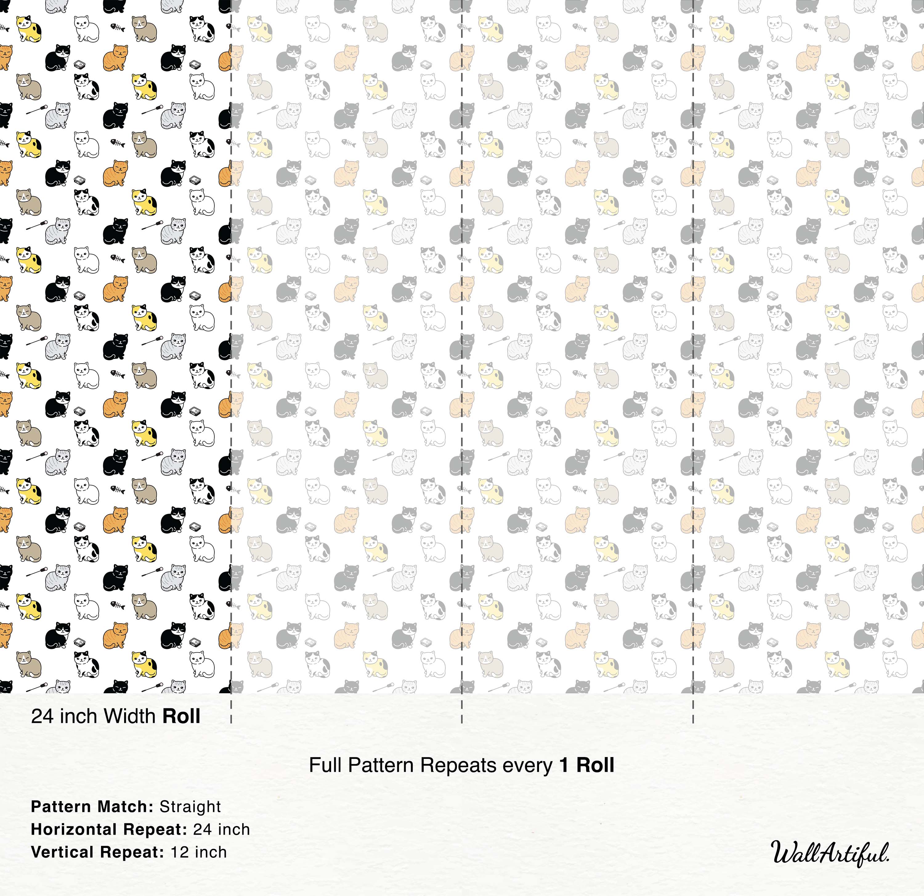 A playful wallpaper featuring a pattern of cute cartoon cats in black, white, orange, yellow, and gray on a white background.