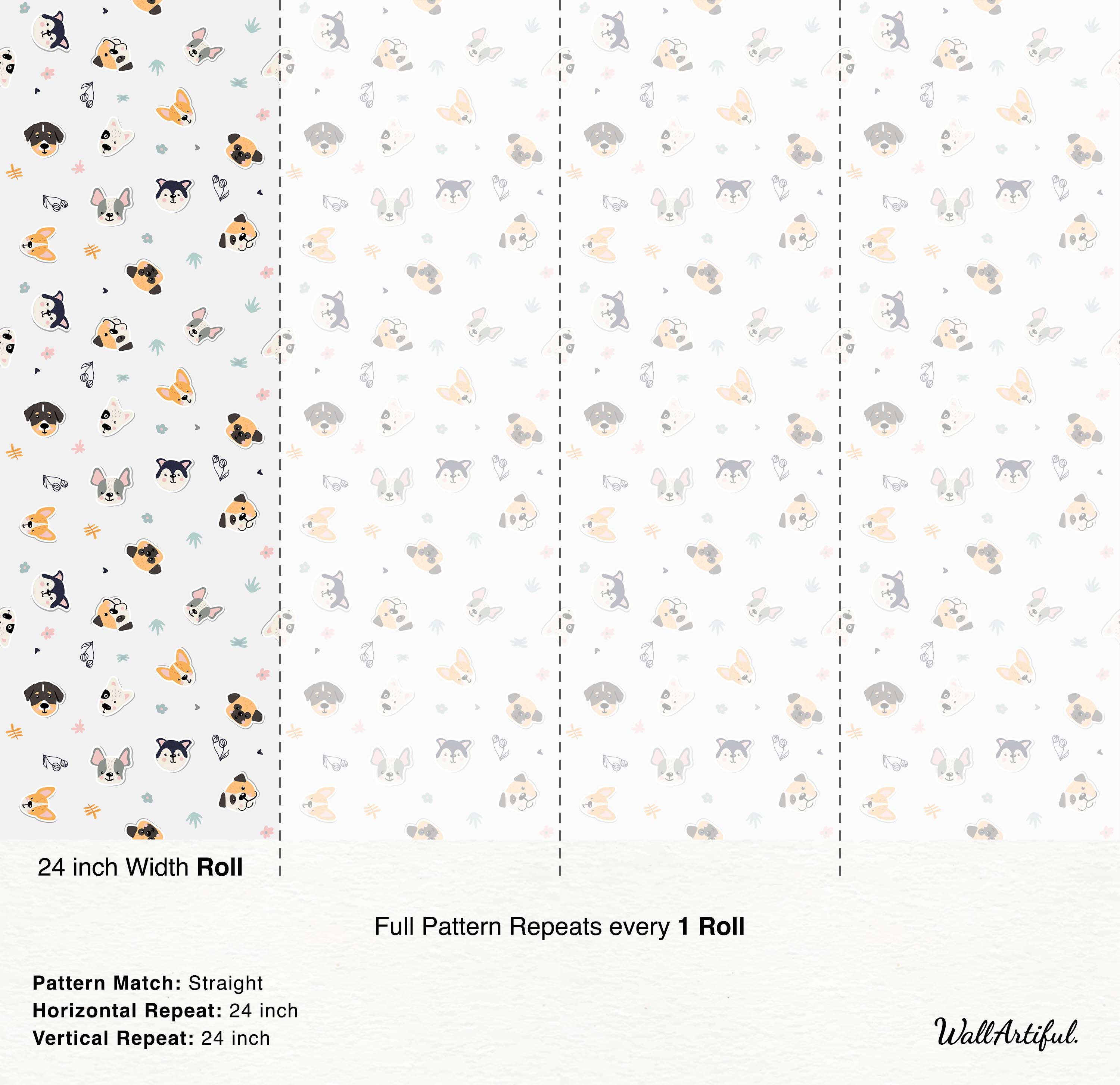 A cute wallpaper with a pattern of illustrated dog faces in soft orange, grey, and black, accented by small flowers.