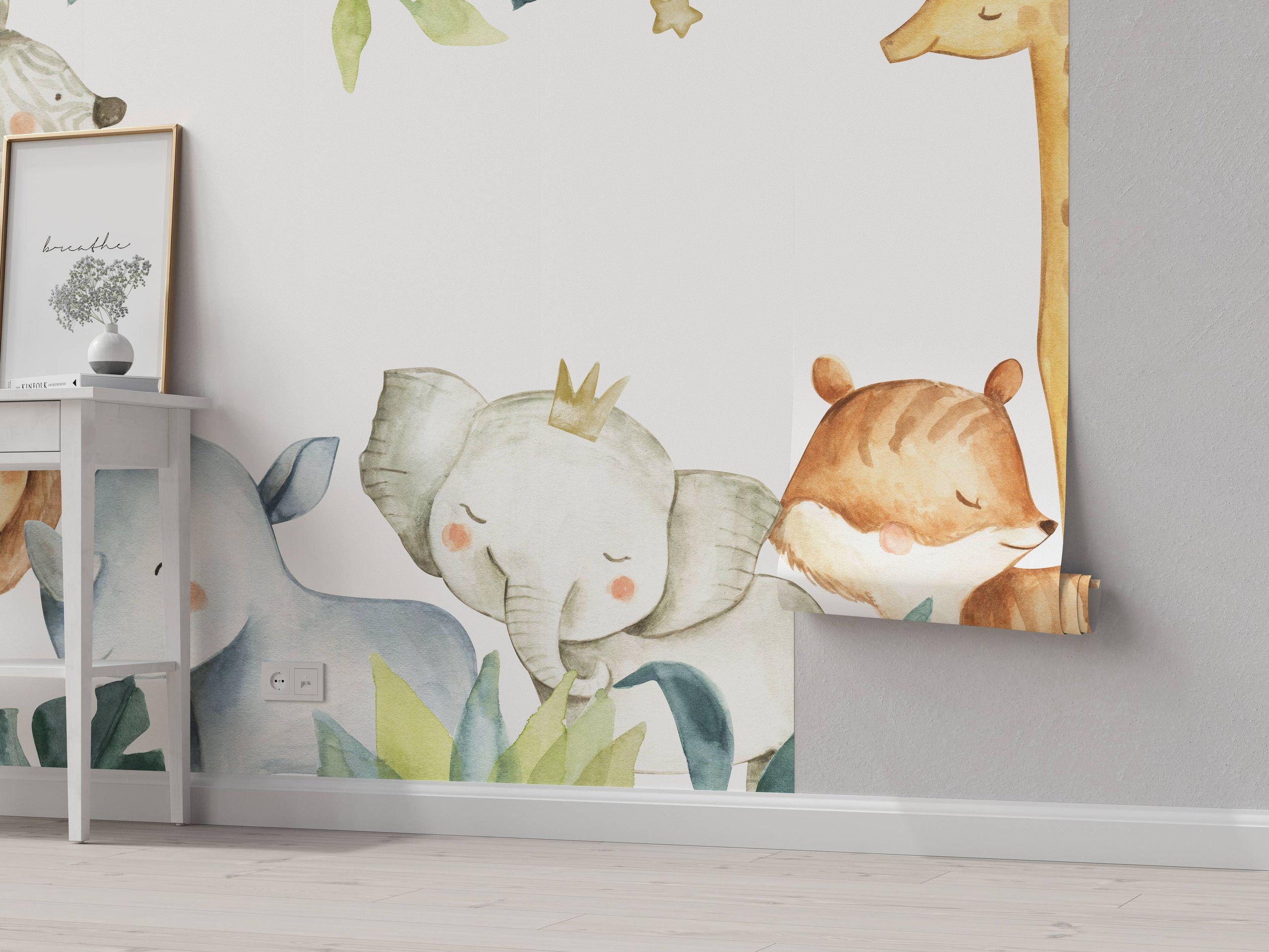 Mural featuring a charming watercolor illustration of cute safari animals like an elephant, tiger, rhino, and giraffe in soft pastel colors.