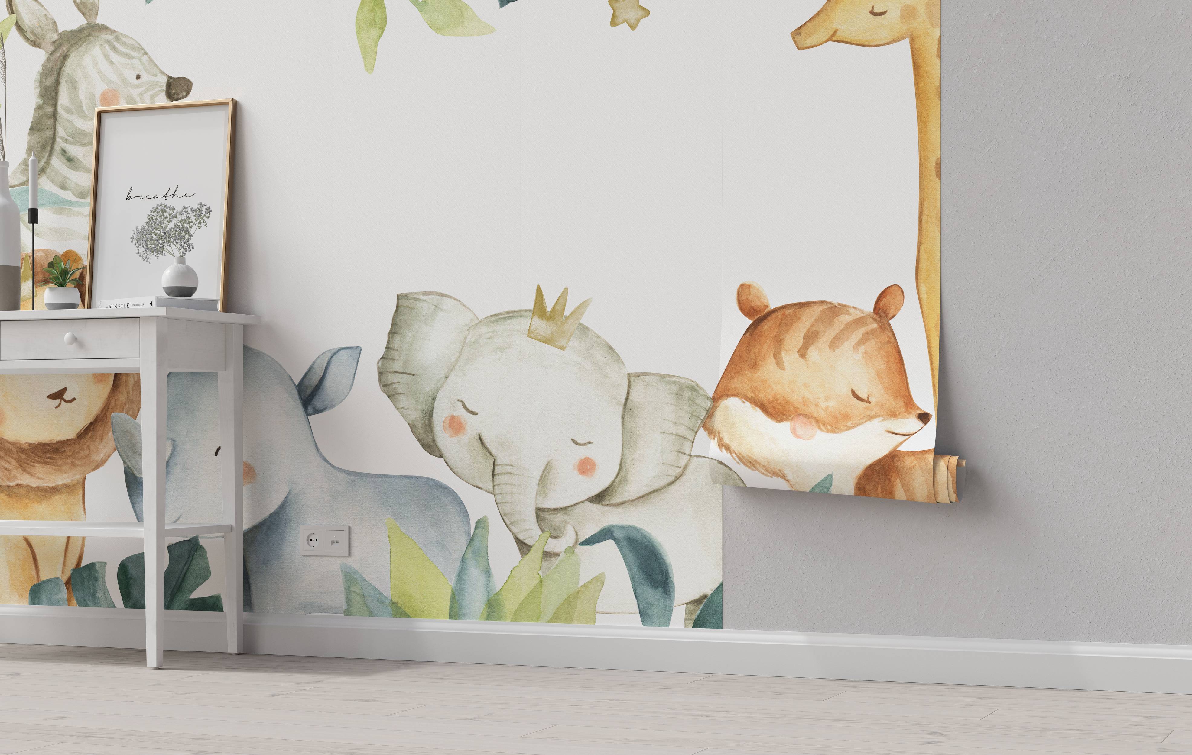 Mural featuring a charming watercolor illustration of cute safari animals like an elephant, tiger, rhino, and giraffe in soft pastel colors.