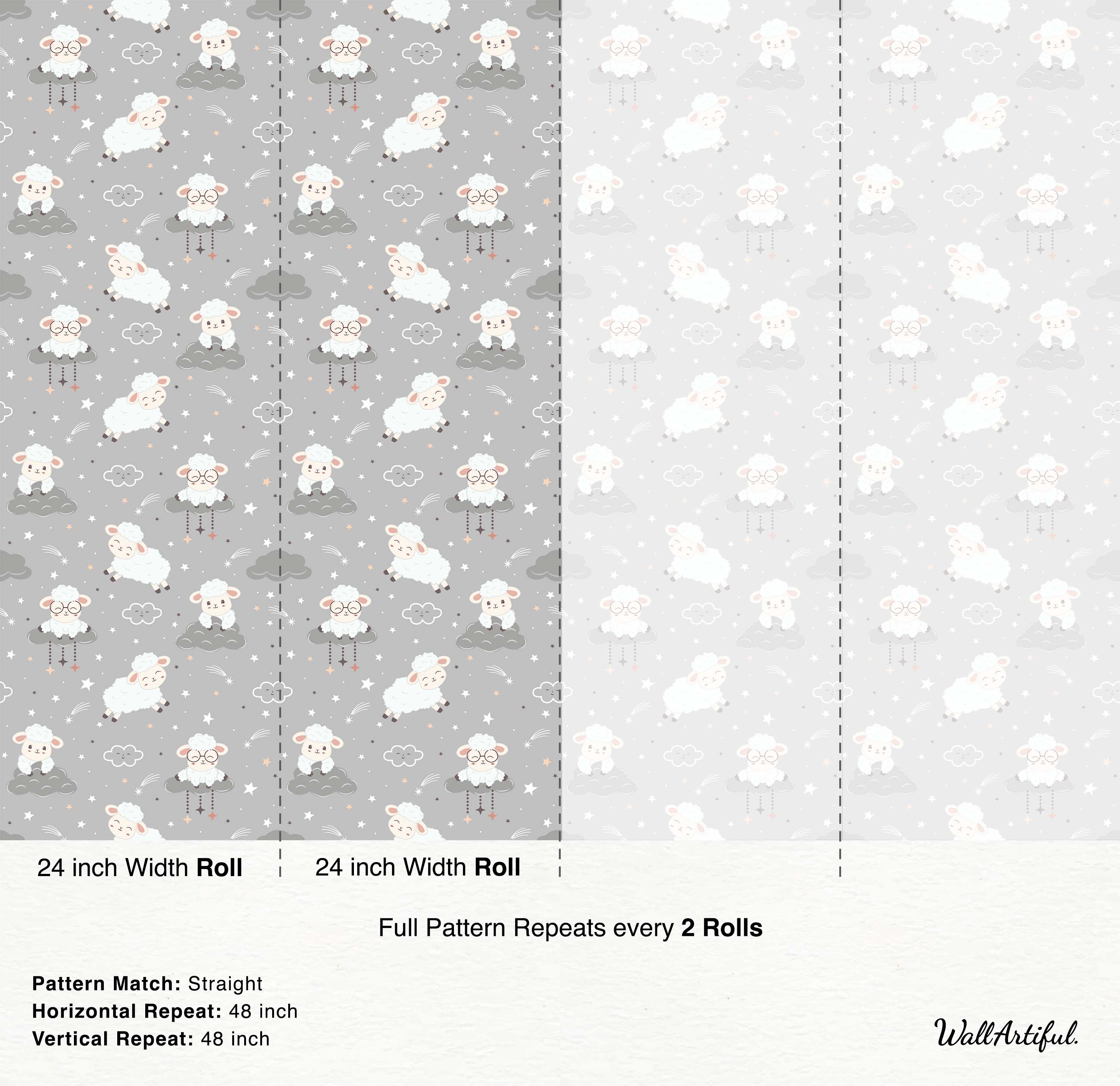 Wallpaper featuring adorable sheep on dark and light gray clouds, interspersed with stars against a gray background.