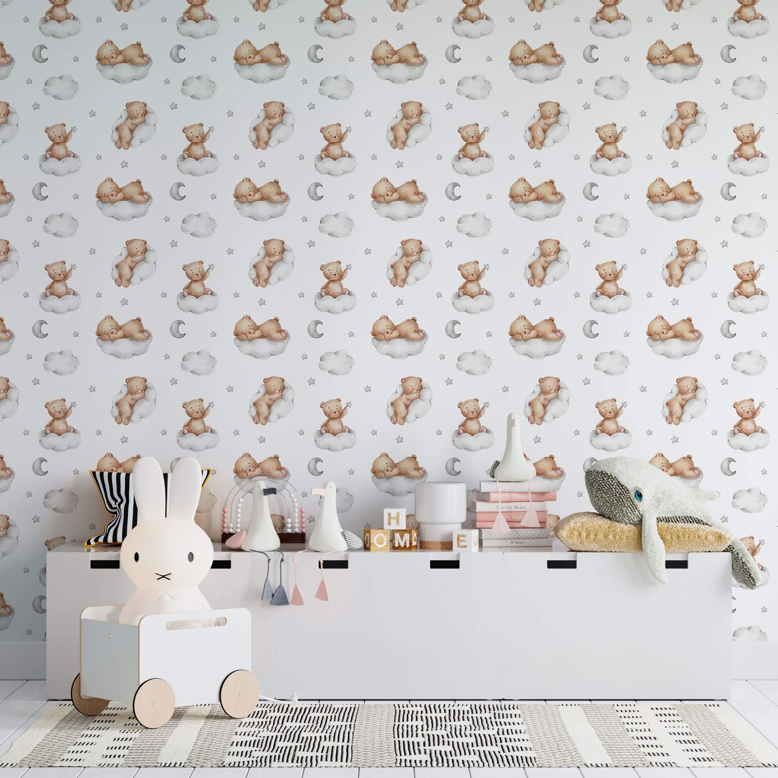 Adorable teddy bears with clouds and stars on a wallpaper pattern