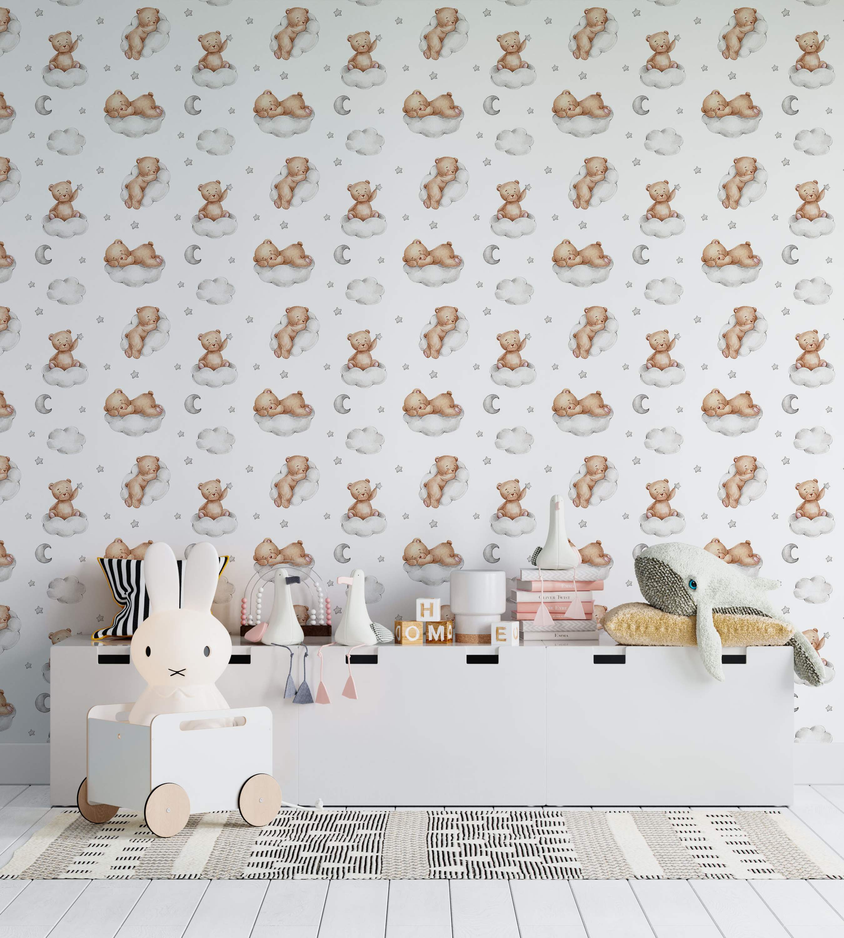 Adorable teddy bears with clouds and stars on a wallpaper pattern