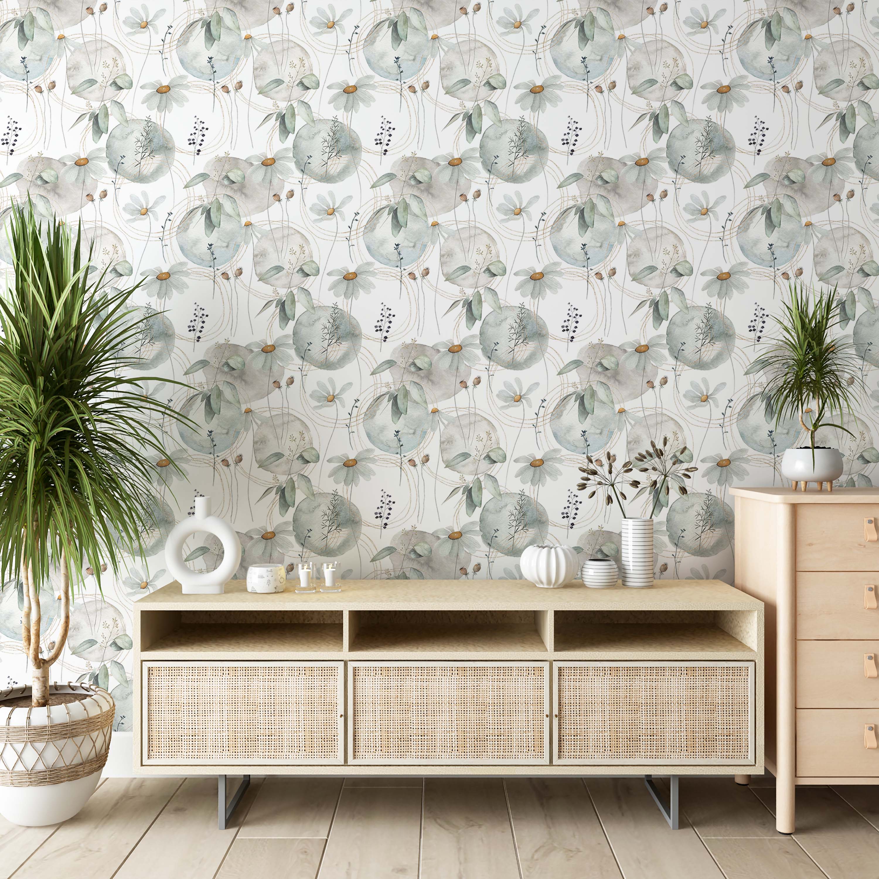 Wallpaper featuring a repeating watercolor design of daisies, sage and blue-gray circles, green leaves, and delicate gold line accents.