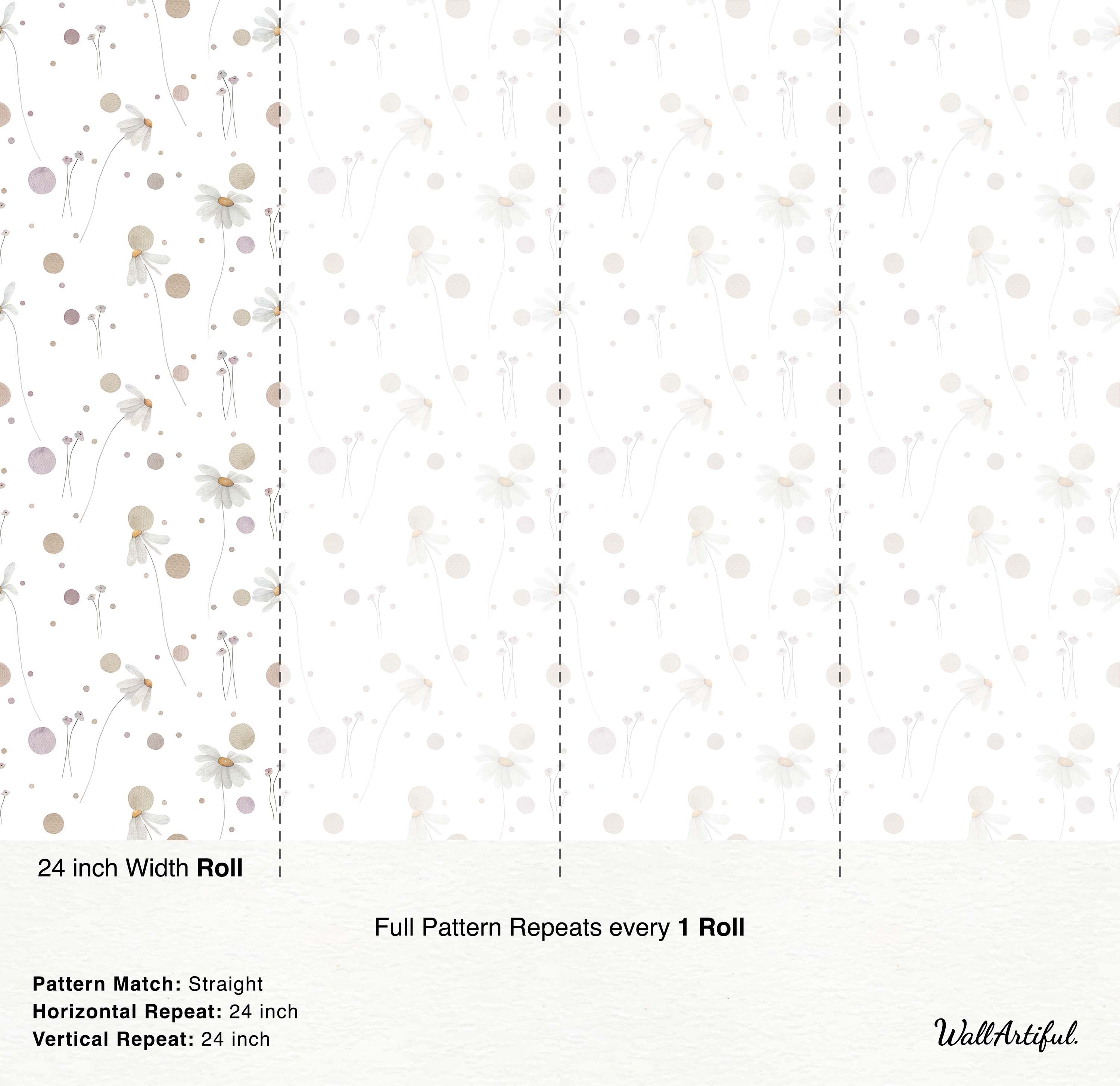 Wallpaper displaying a delicate pattern of white daisies with yellow centers, and soft polka dots in beige and muted mauve.