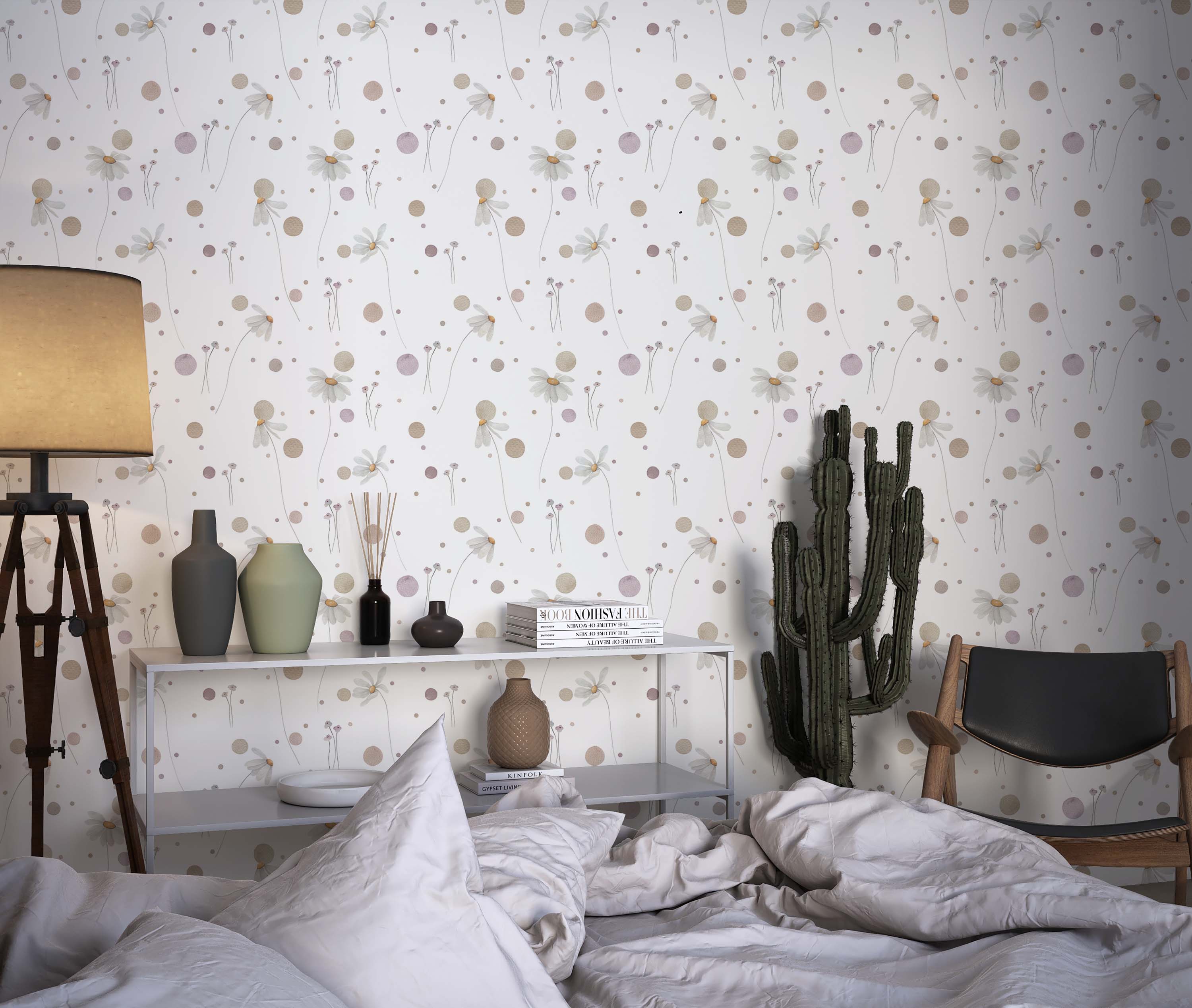 Watercolor wallpaper with white daisies, yellow centers, and delicate stems, scattered with beige and light purple polka dots.