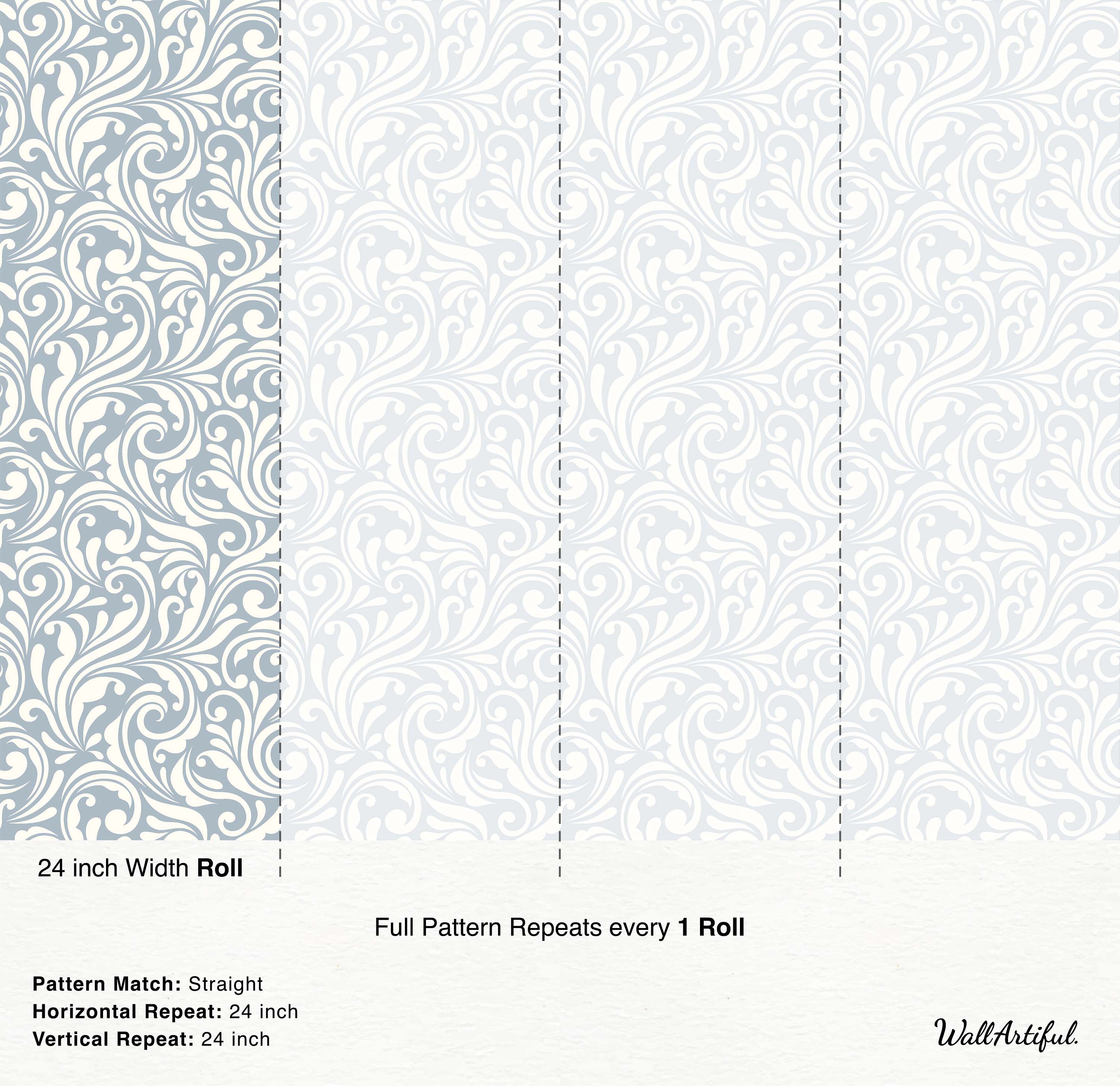 Wallpaper with an elegant off-white damask scroll pattern on a light blue-gray background.