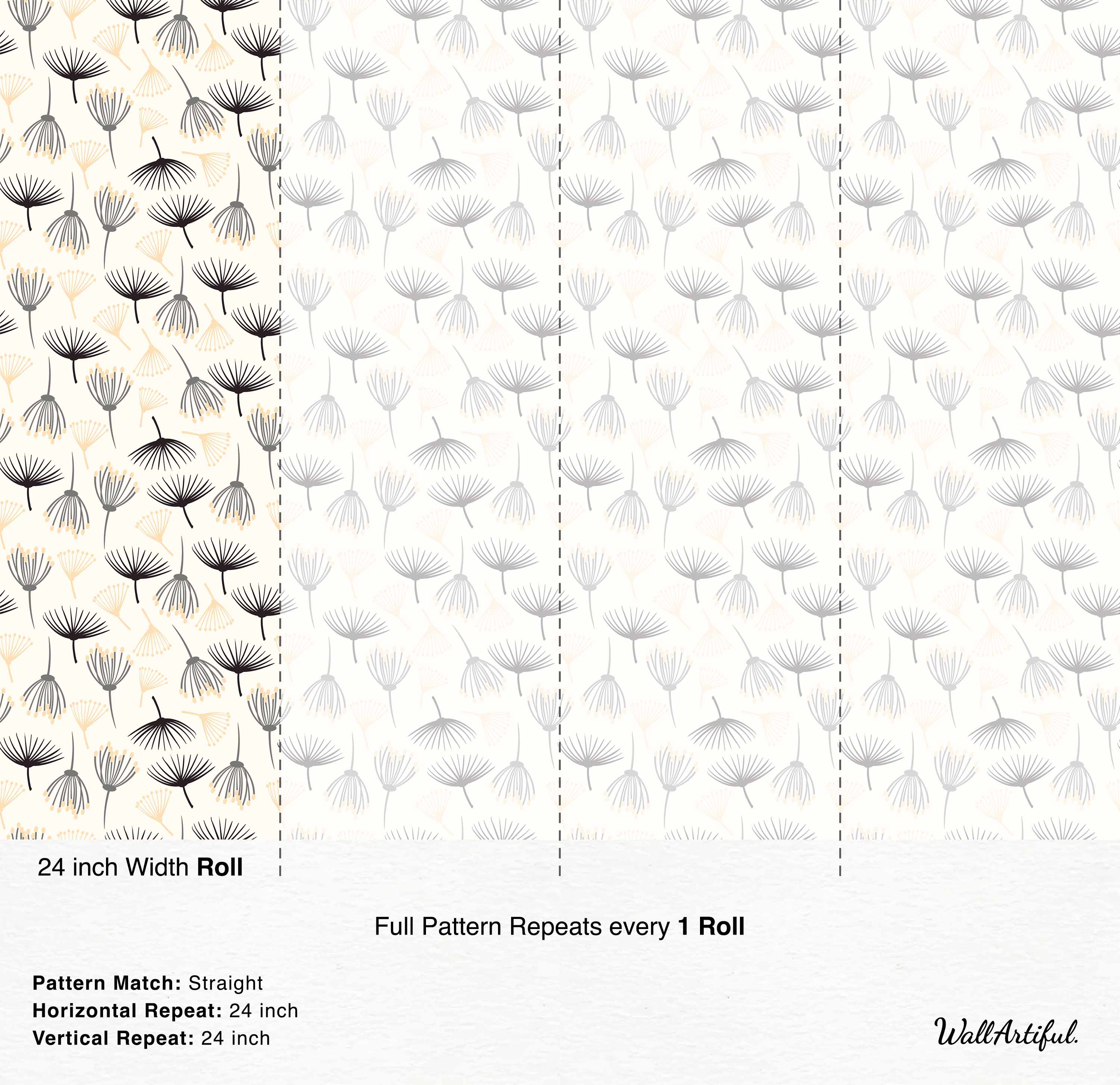 Wallpaper featuring stylized dandelion seed motifs in black, grey, and pale yellow scattered across an off-white background.