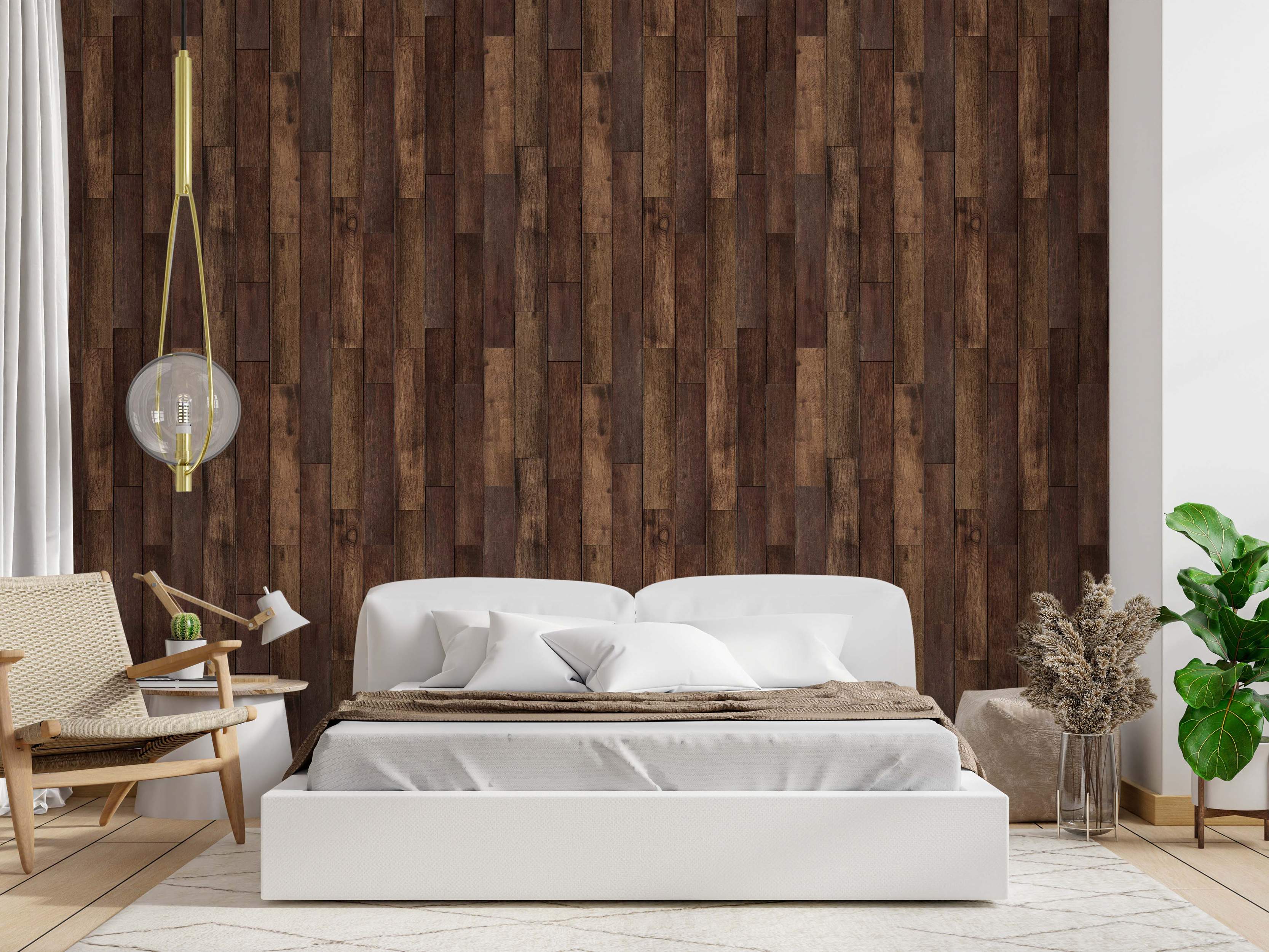 Wallpaper featuring realistic vertical dark brown wood planks with varied tones and grain patterns.