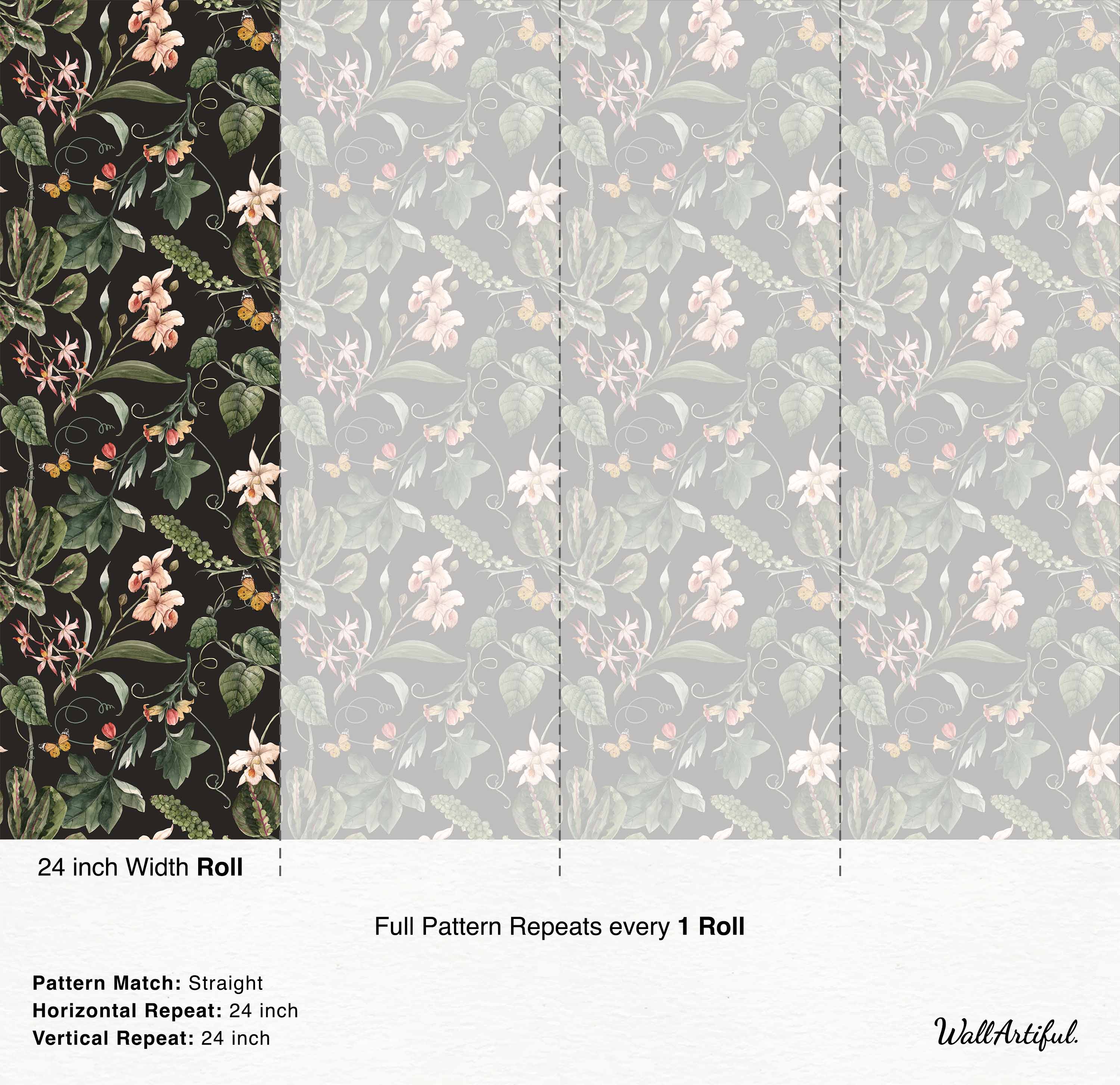 Watercolor botanical wallpaper featuring green leaves, pink and white flowers, and yellow butterflies on a dark background.