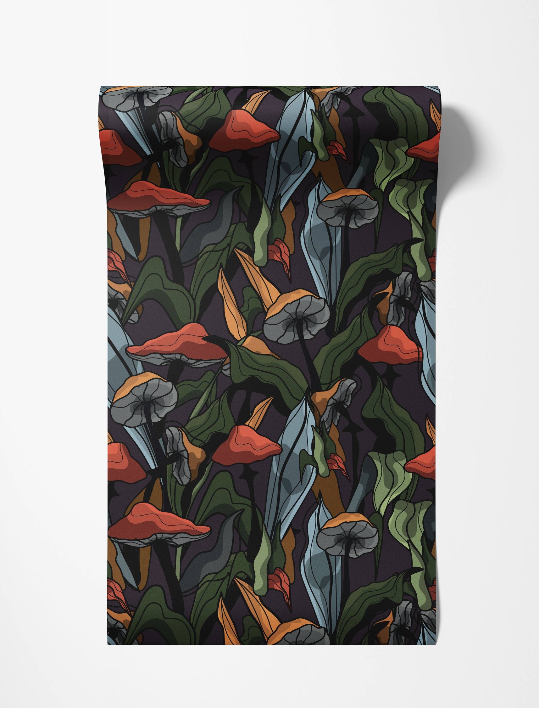 Dark wallpaper featuring a repeating pattern of stylized mushrooms in red, orange, and grey, with green and blue-grey leaves.