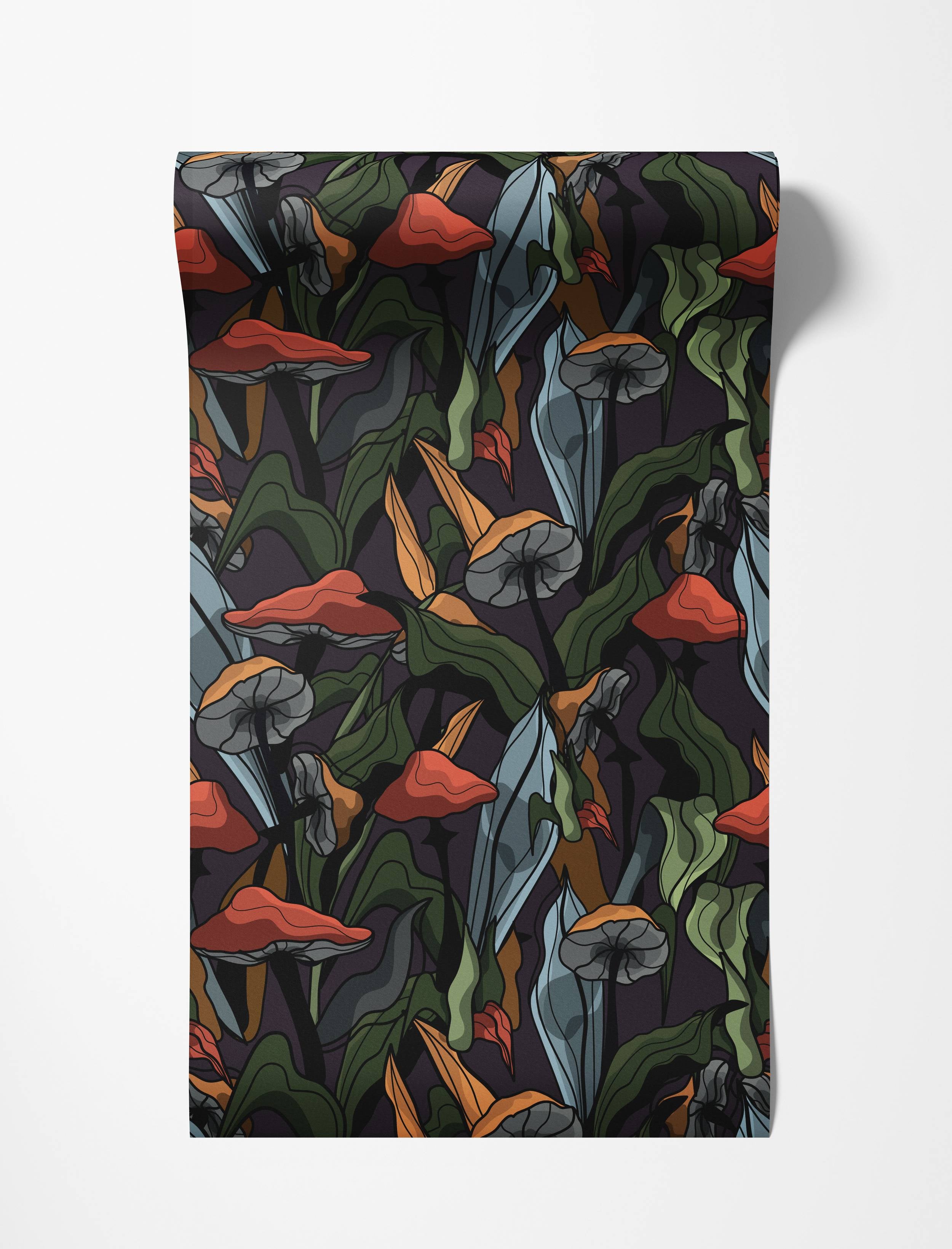 Dark wallpaper featuring a repeating pattern of stylized mushrooms in red, orange, and grey, with green and blue-grey leaves.