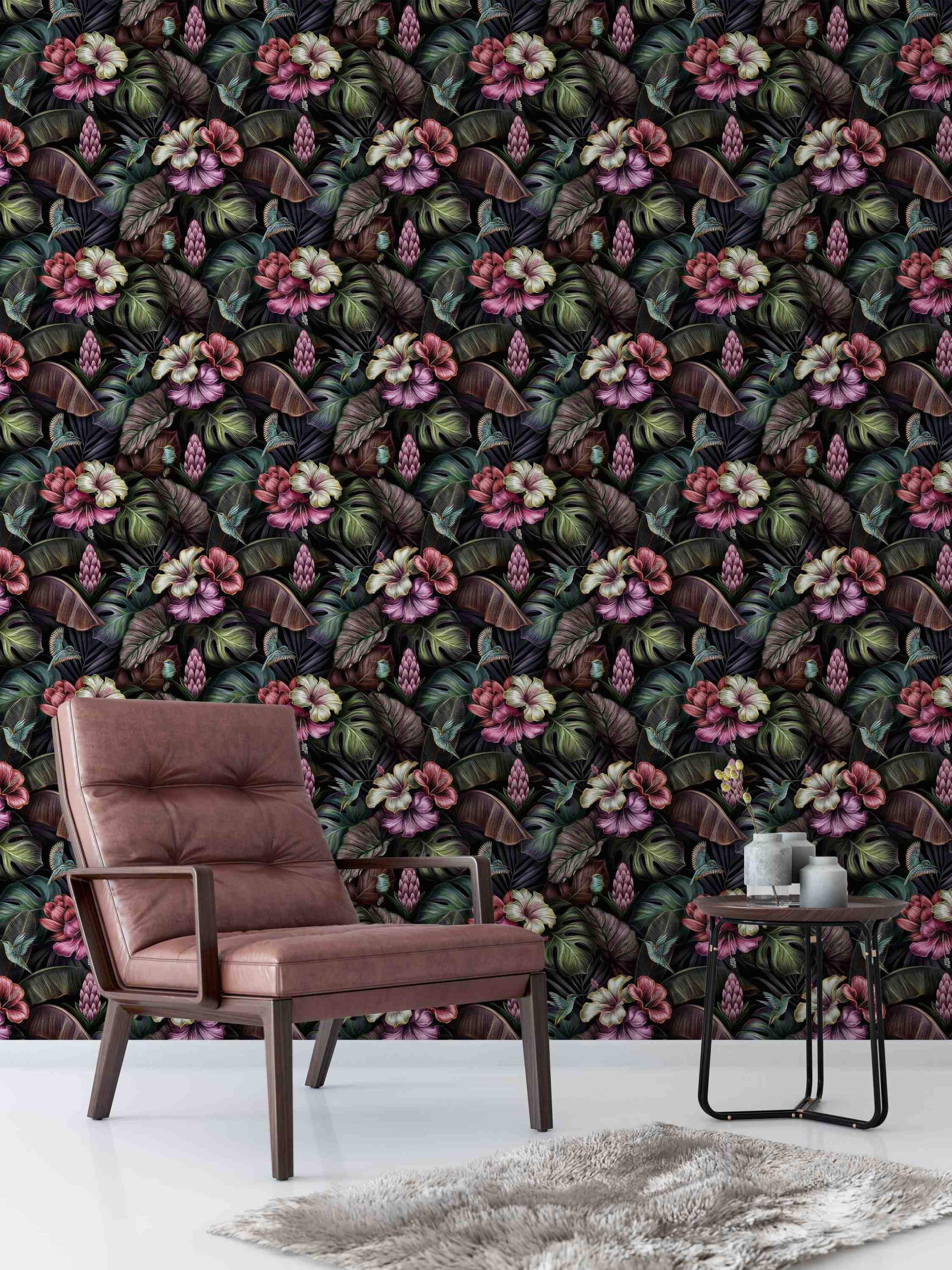 Wallpaper featuring a dark tropical botanical pattern with lush leaves, vibrant hibiscus flowers, exotic buds, and hummingbirds.