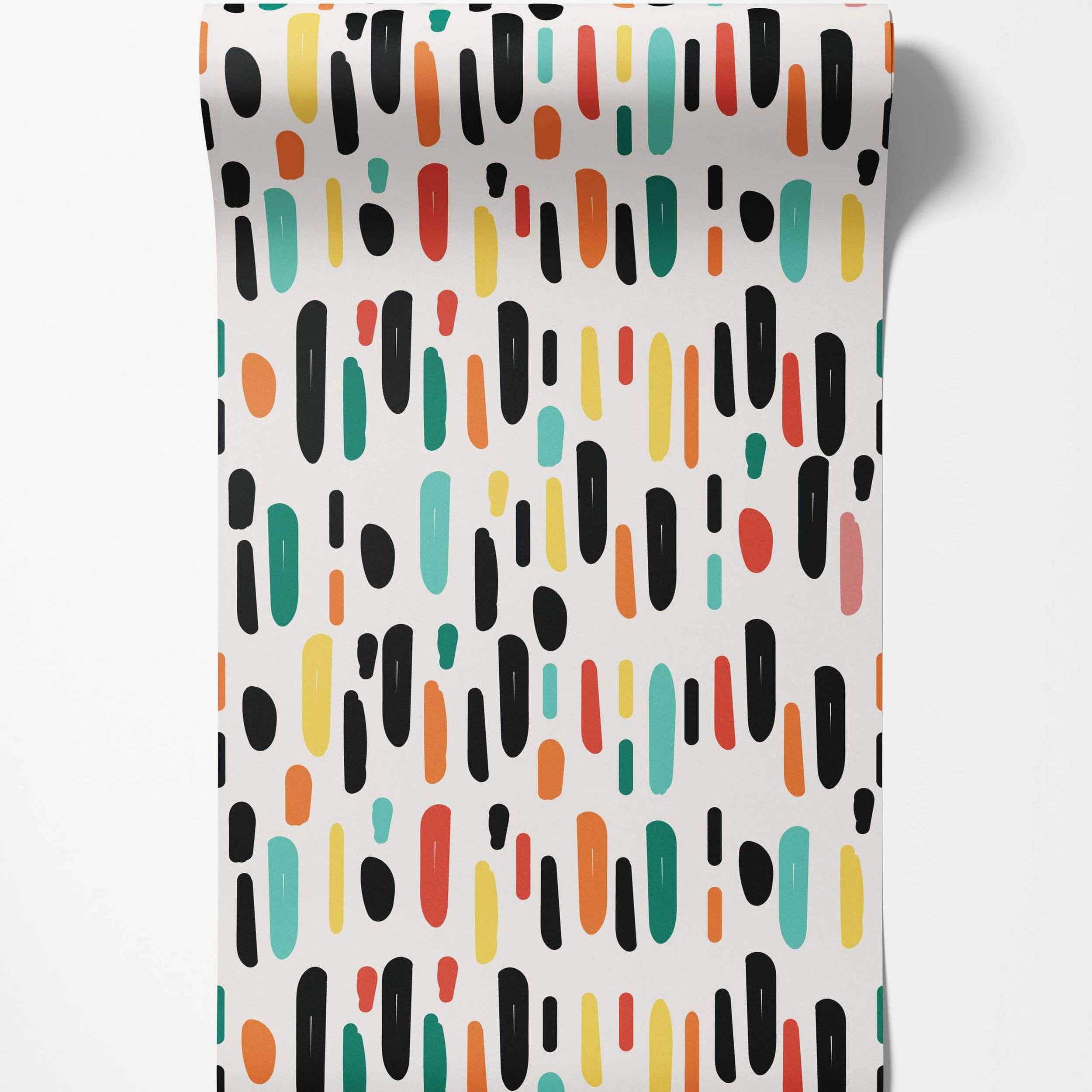 Abstract wallpaper featuring colorful vertical dashes and dots in black, yellow, orange, red, and teal on white.