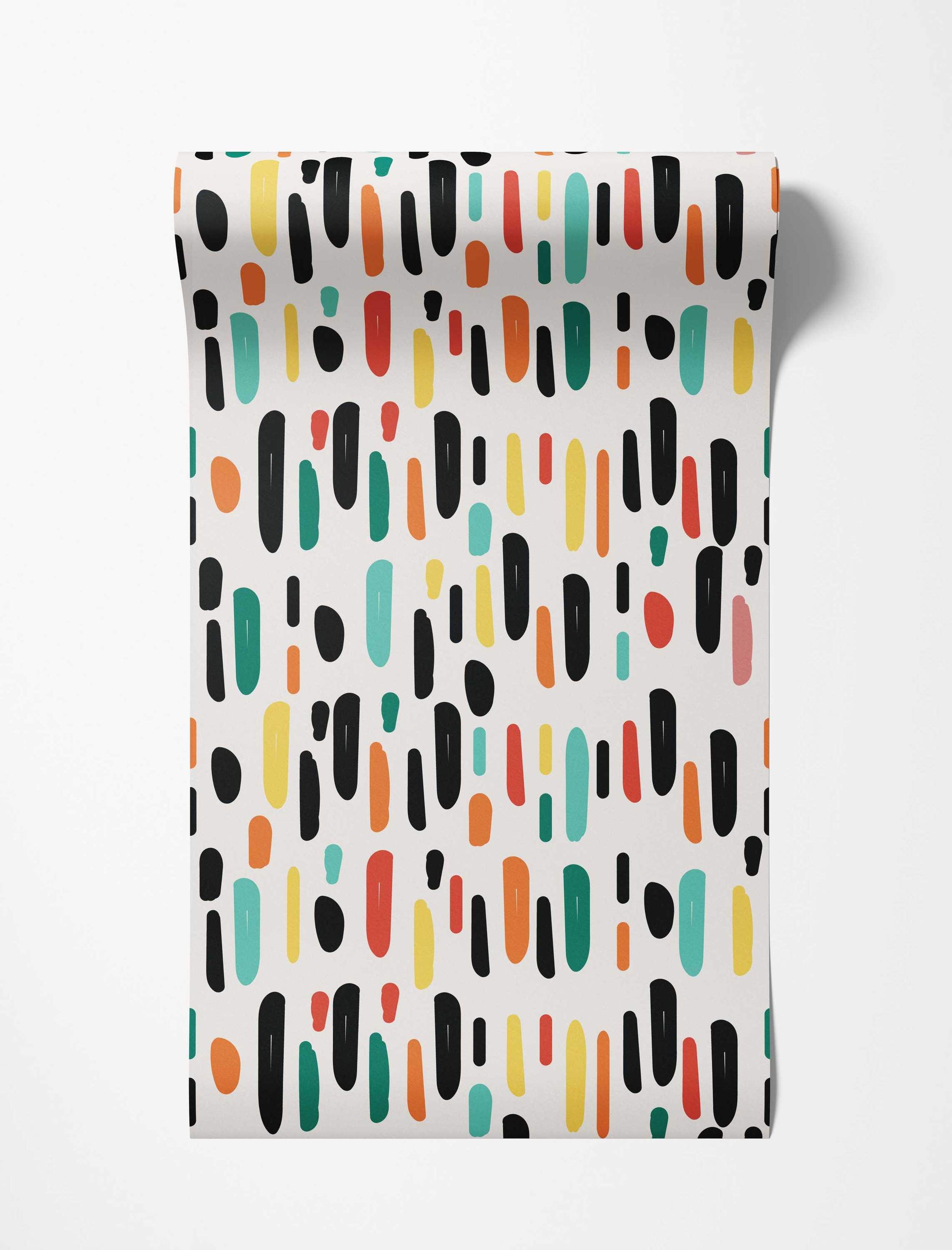 Abstract wallpaper featuring colorful vertical dashes and dots in black, yellow, orange, red, and teal on white.