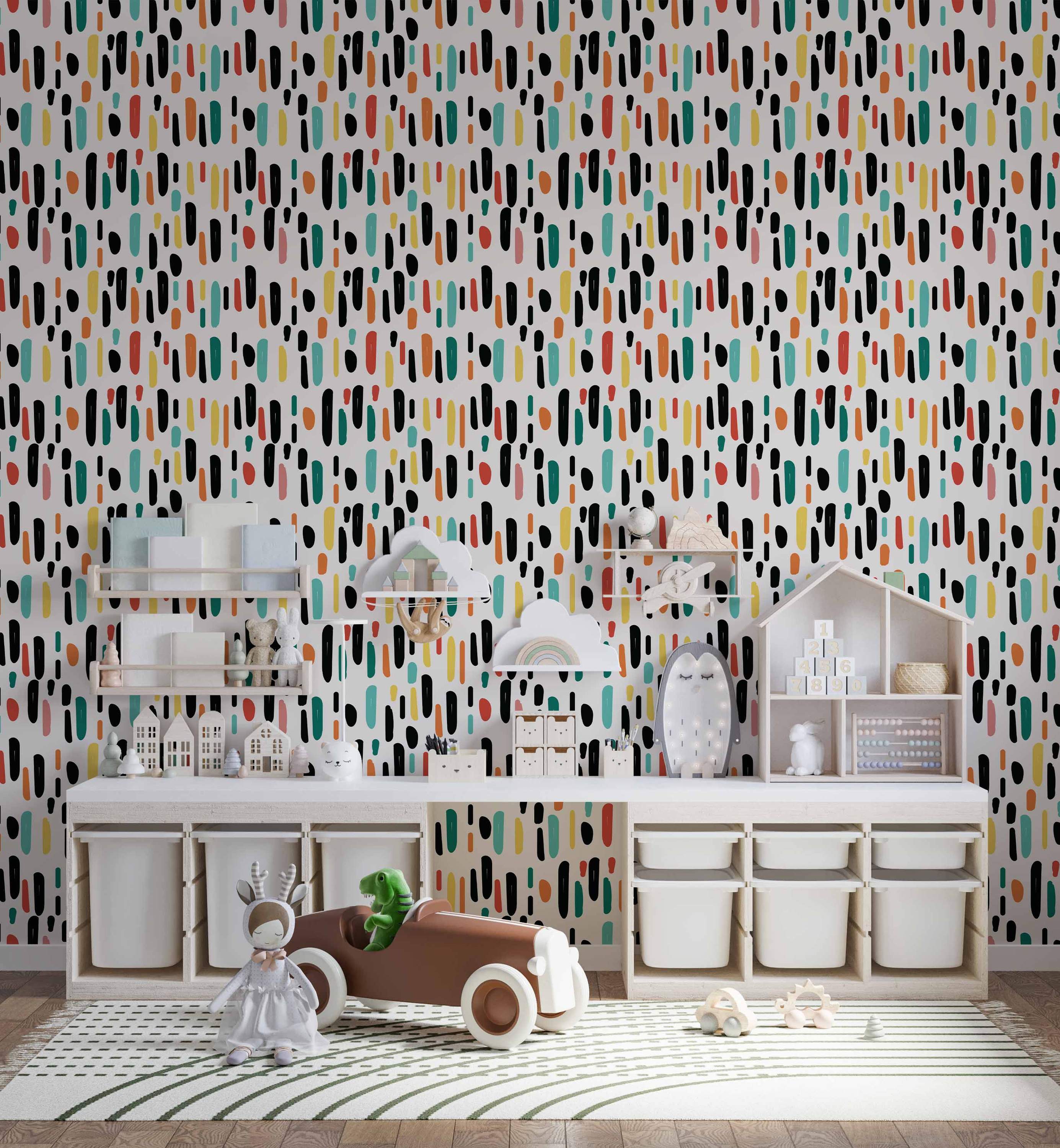 Wallpaper featuring a playful pattern of vertical, hand-drawn dashes in black, teal, yellow, orange, and pink on a light background.