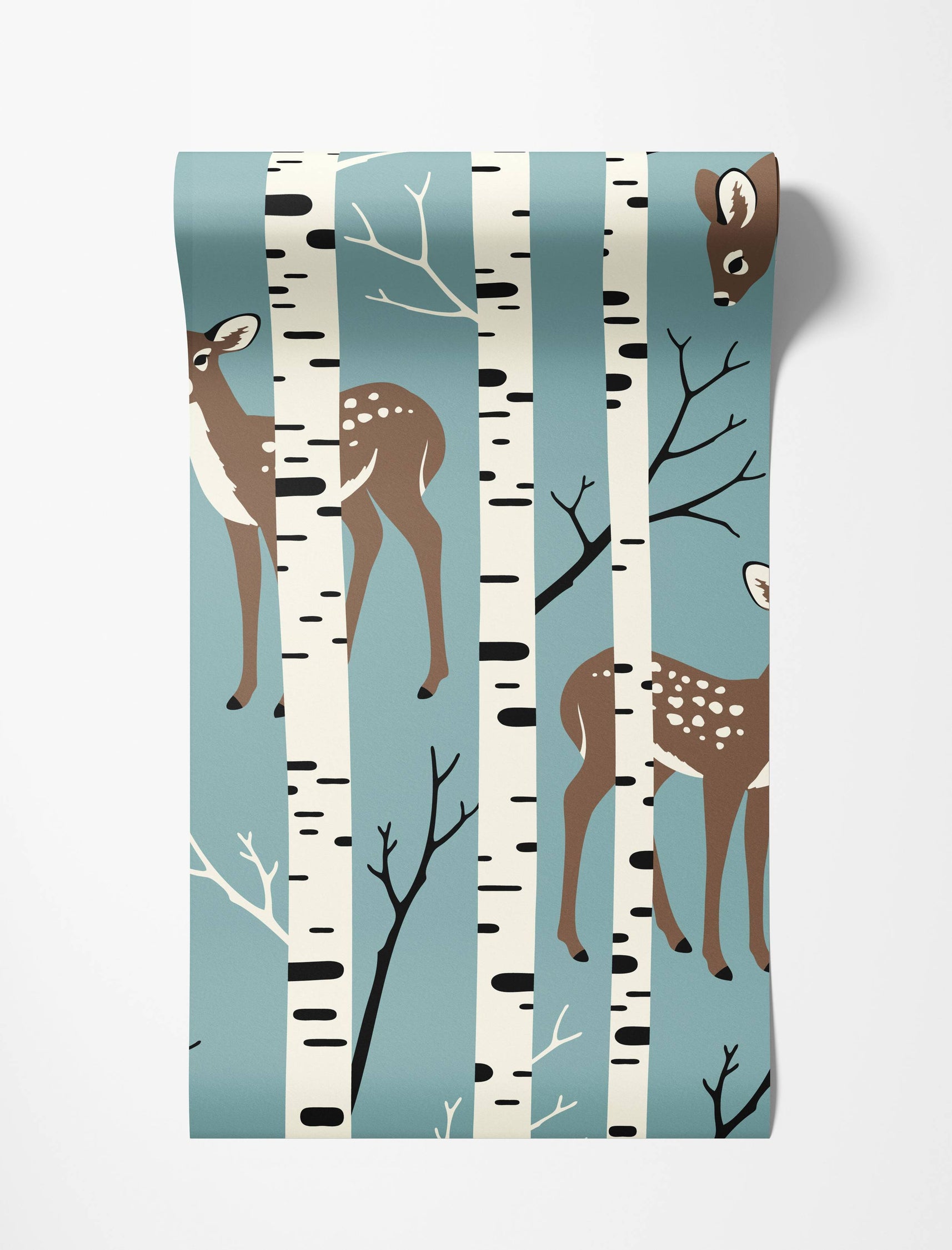 A stylized wallpaper featuring brown deer with white spots amongst white birch trees on a muted blue background.