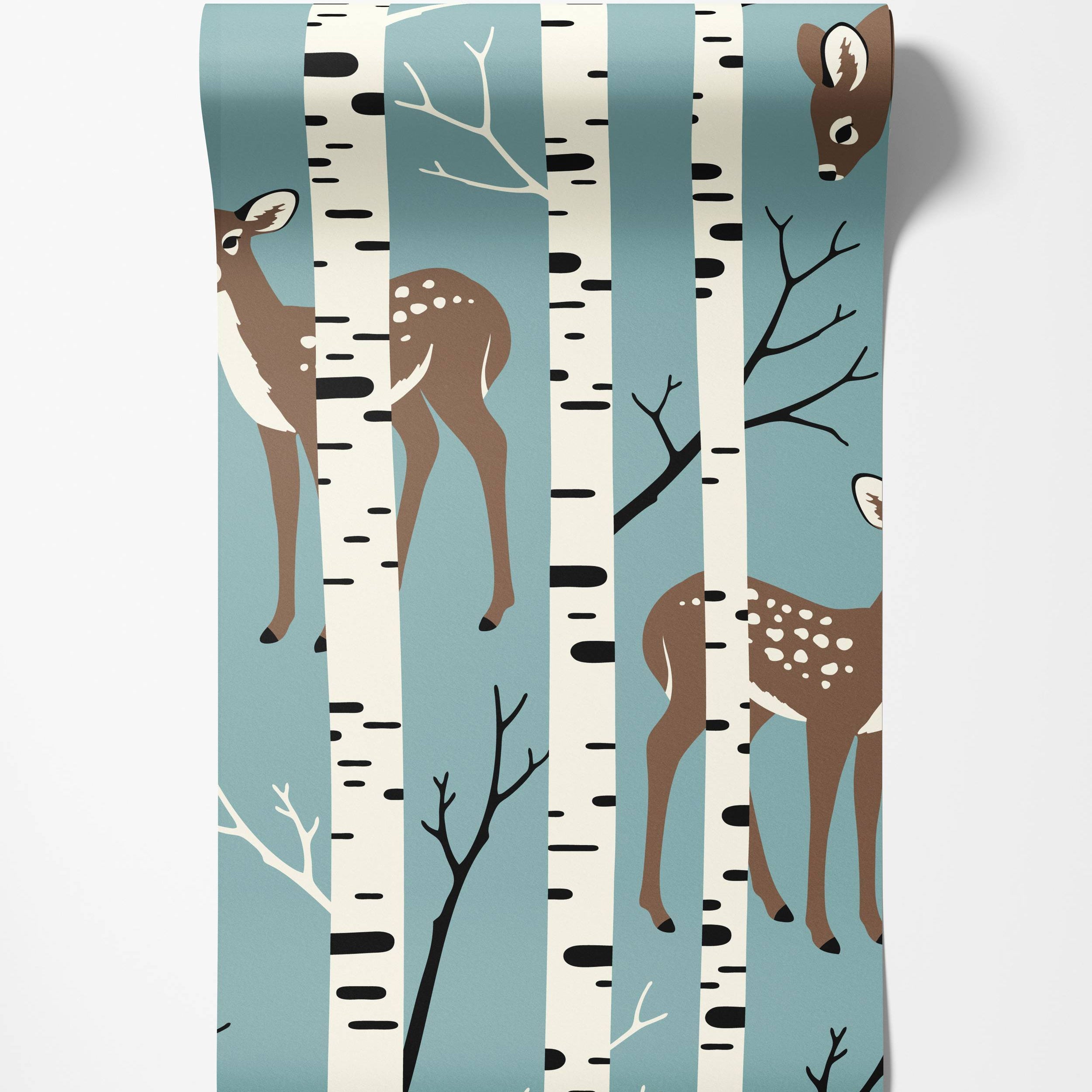 A stylized wallpaper featuring brown deer with white spots amongst white birch trees on a muted blue background.
