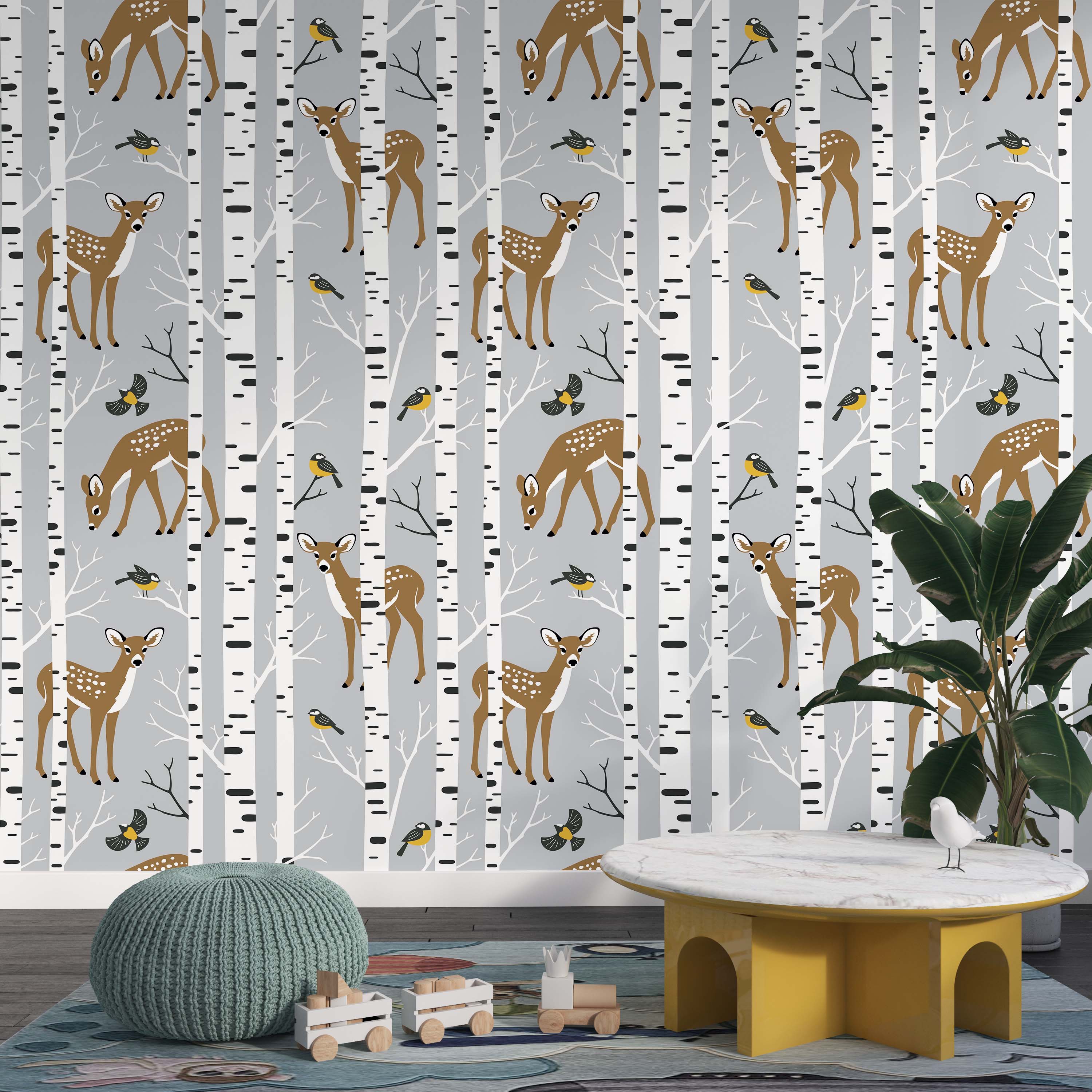 A woodland animal wallpaper with brown deer and yellow birds among white birch trees on a gray background.