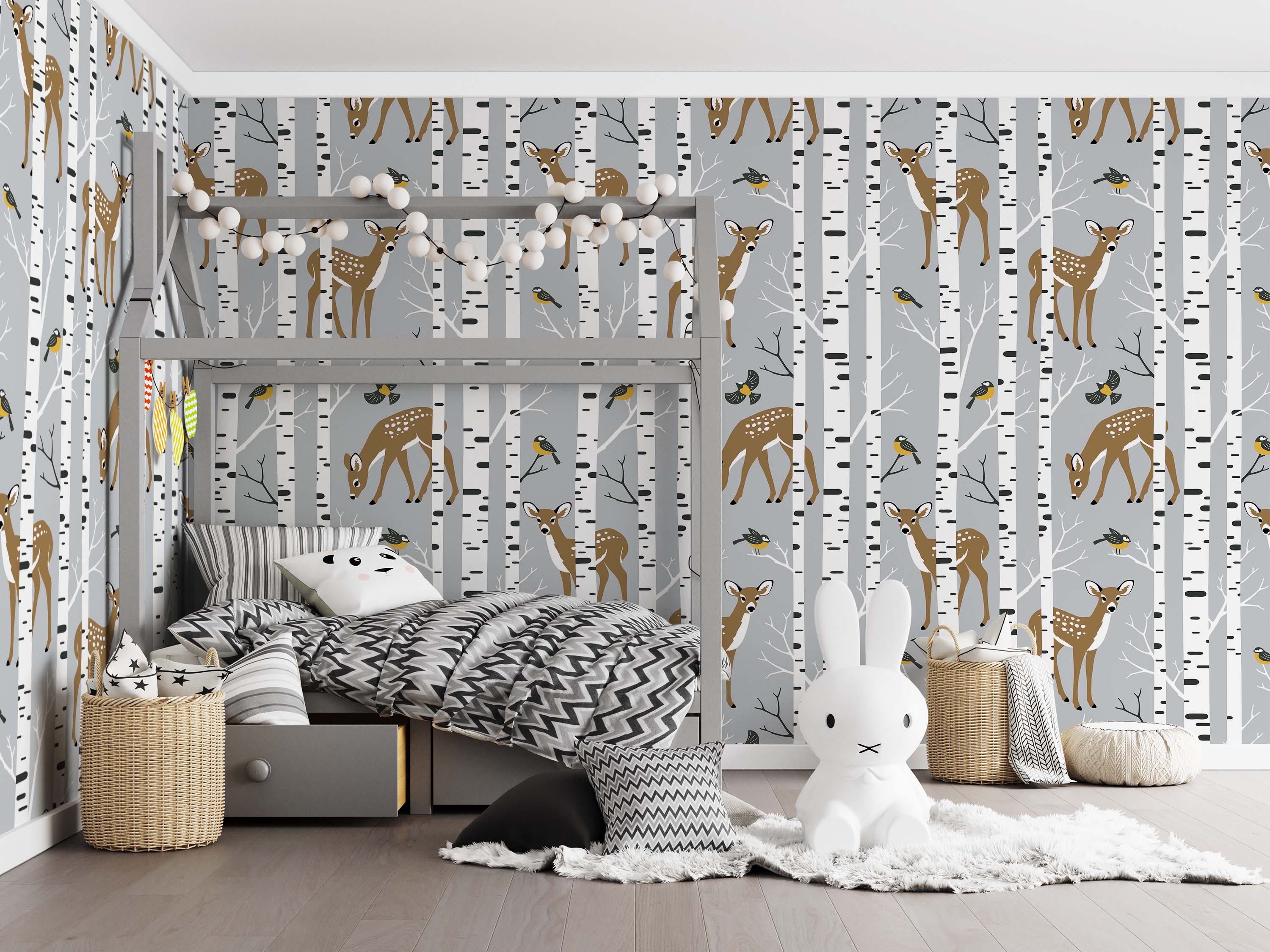 A woodland-themed wallpaper with stylized fawns and small yellow birds amongst white birch trees on a gray background.