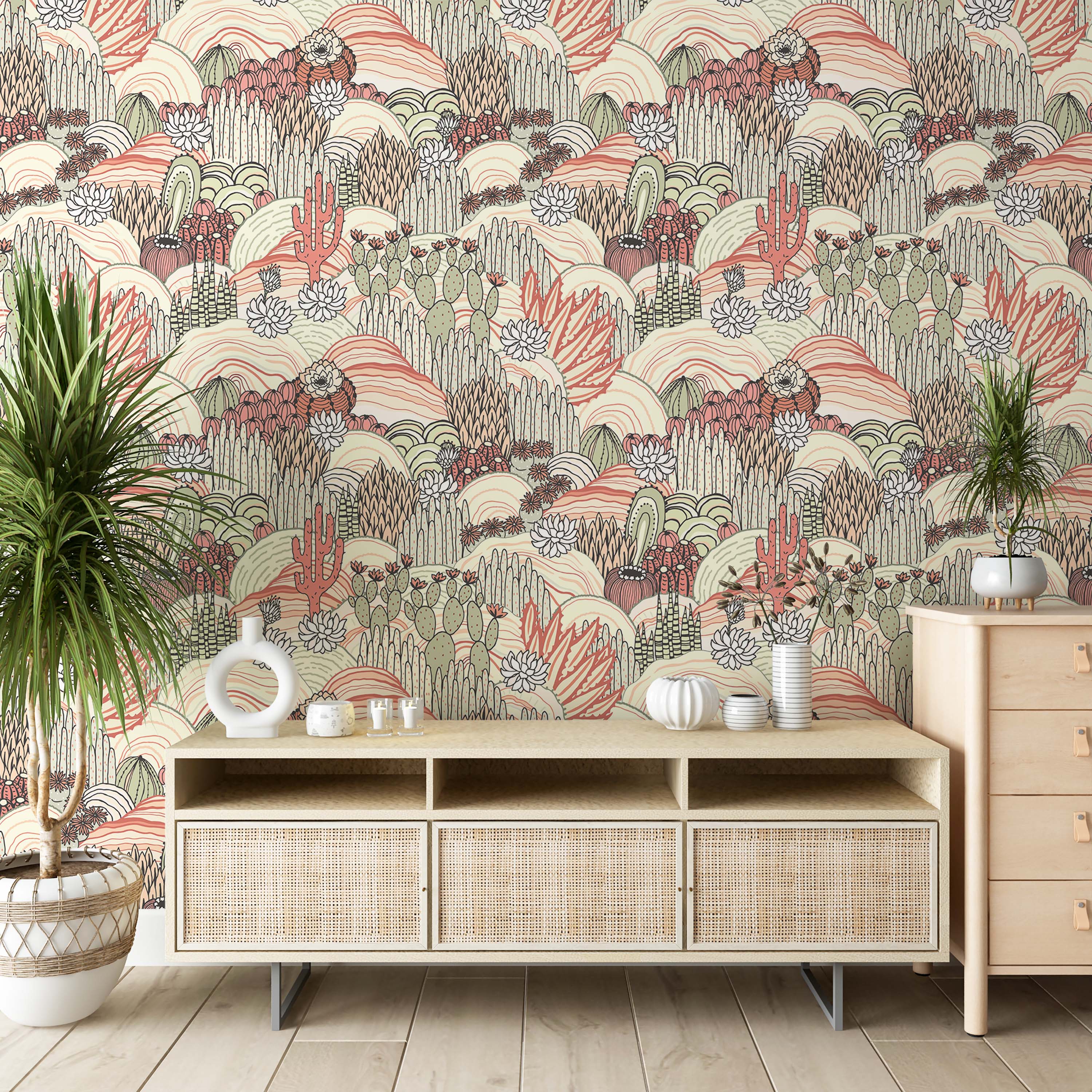 Stylized desert landscape wallpaper with various cacti and succulents in terracotta, sage green, and white with black outlines.