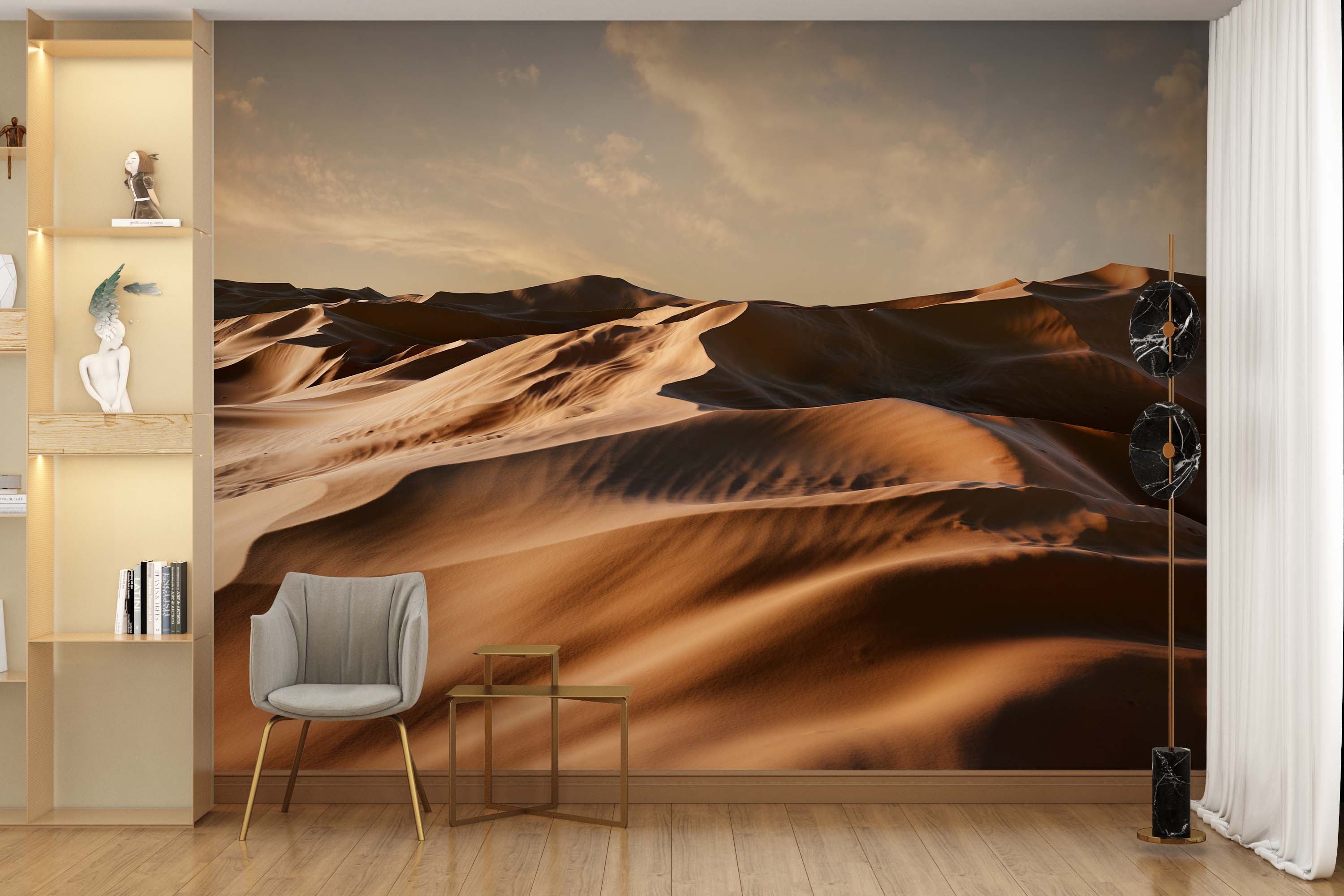 A photorealistic wall mural of rolling desert sand dunes at sunset, in warm shades of orange, tan, and deep brown.