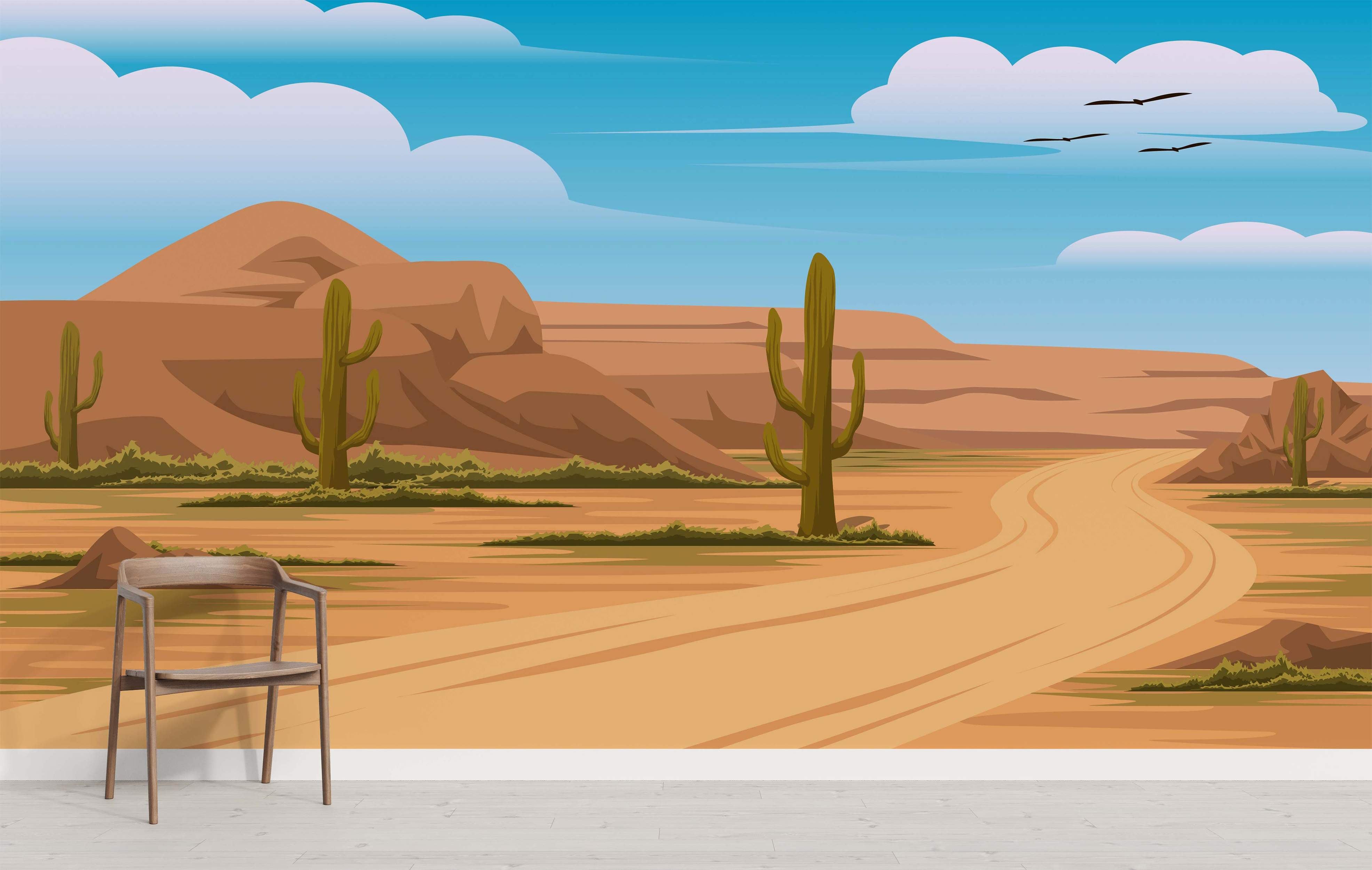 Cartoon desert landscape mural with brown mountains, green saguaro cacti, a tan road, and a blue sky with clouds and birds.