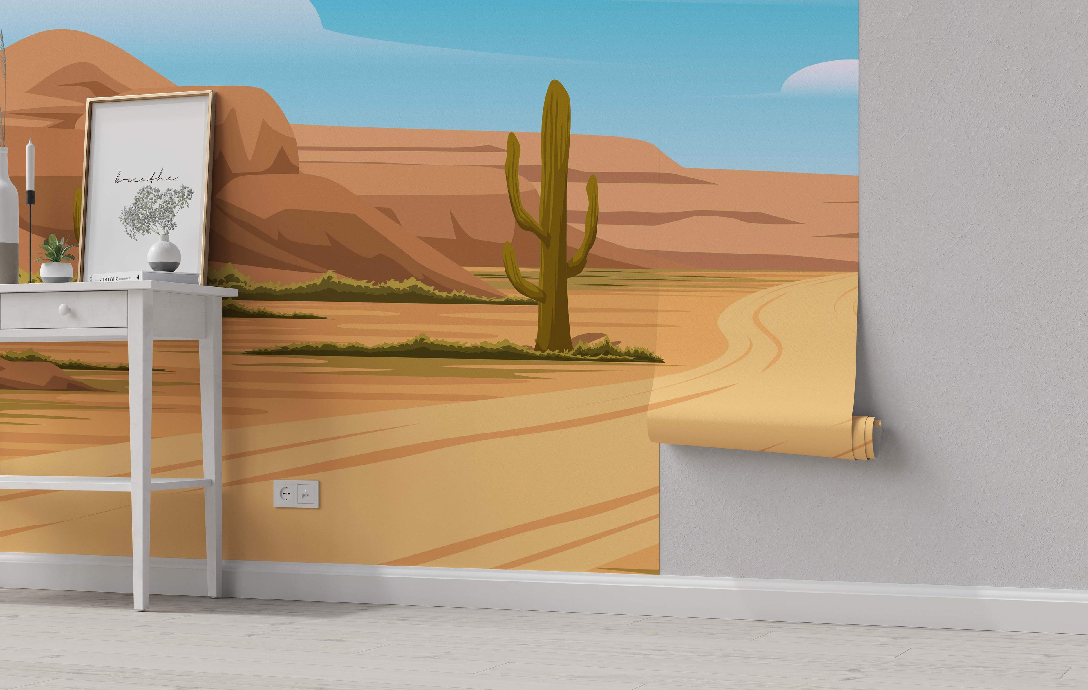 Stylized desert landscape mural featuring a large saguaro cactus, sandy ground, brown mesas, and a clear blue sky.