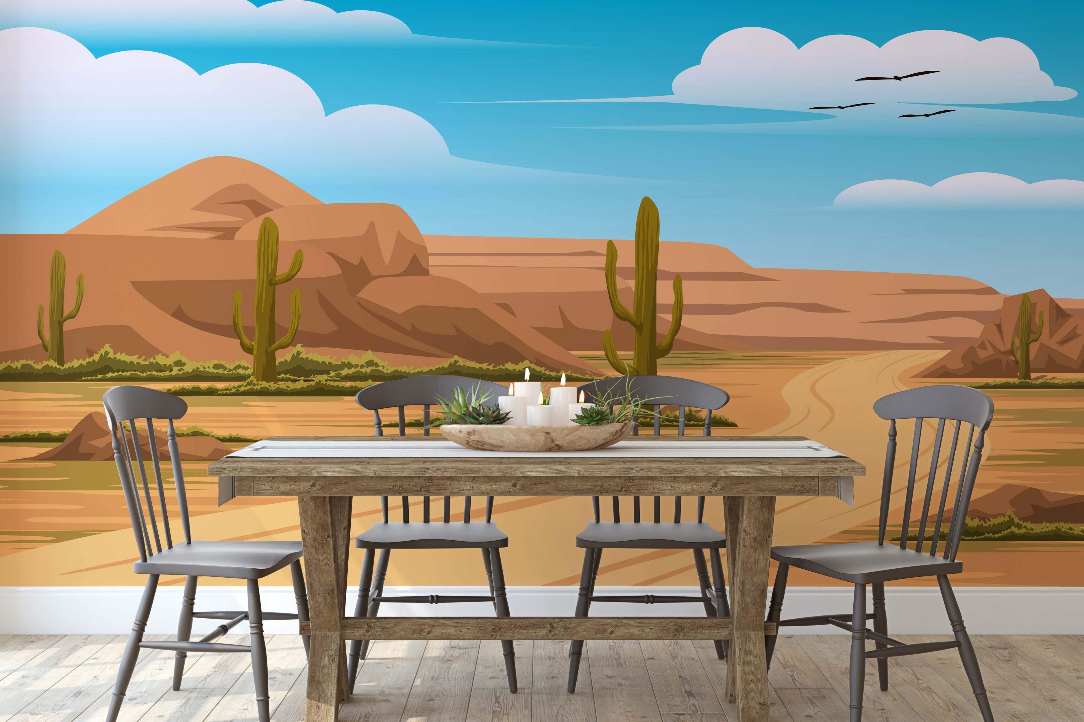 Illustrative desert landscape mural featuring orange mesas, saguaro cacti, a winding road under a blue sky with clouds and birds.