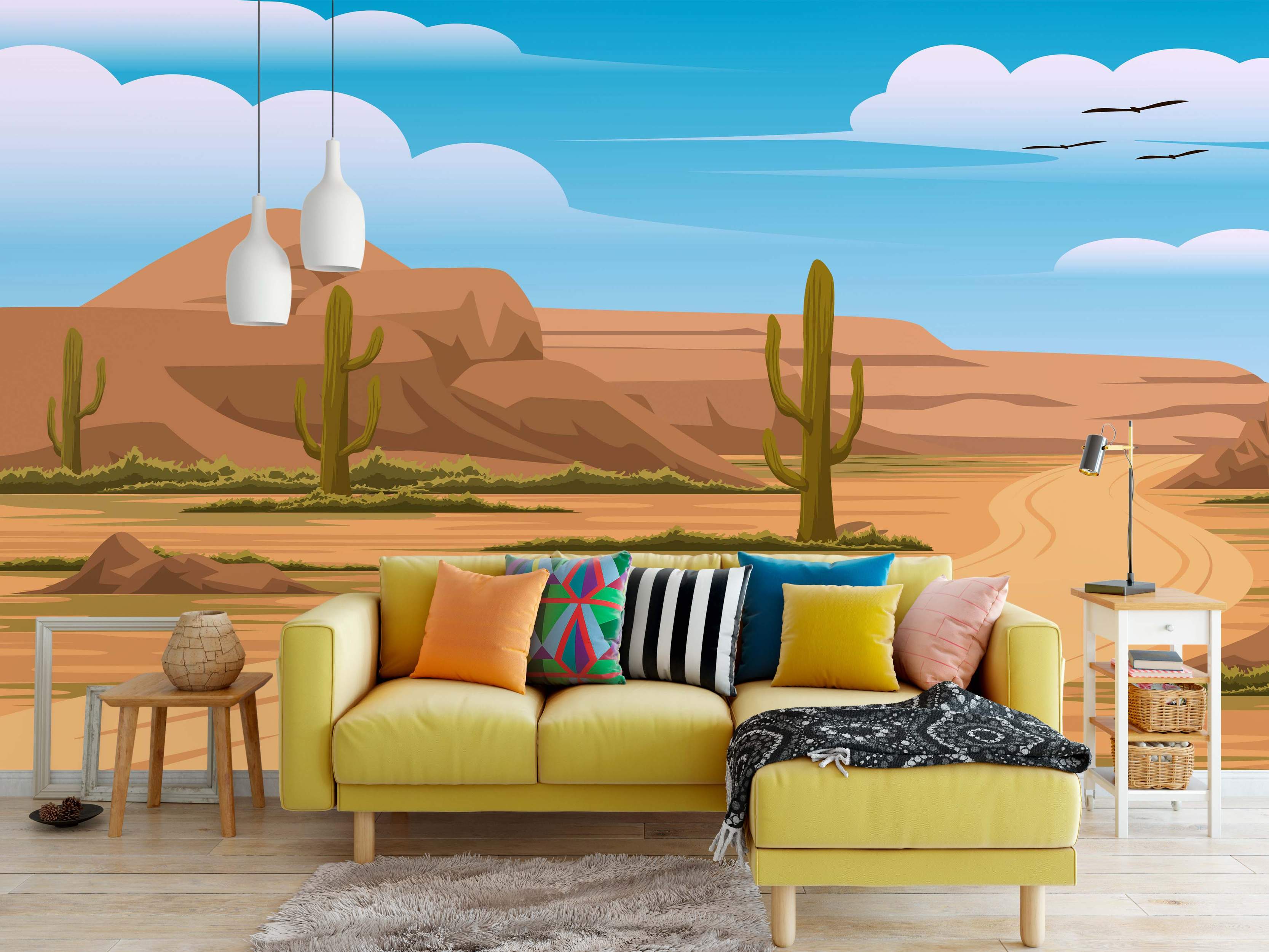 Cartoon desert mural with brown mountains, green cacti, a dirt road, and a blue sky with white clouds.