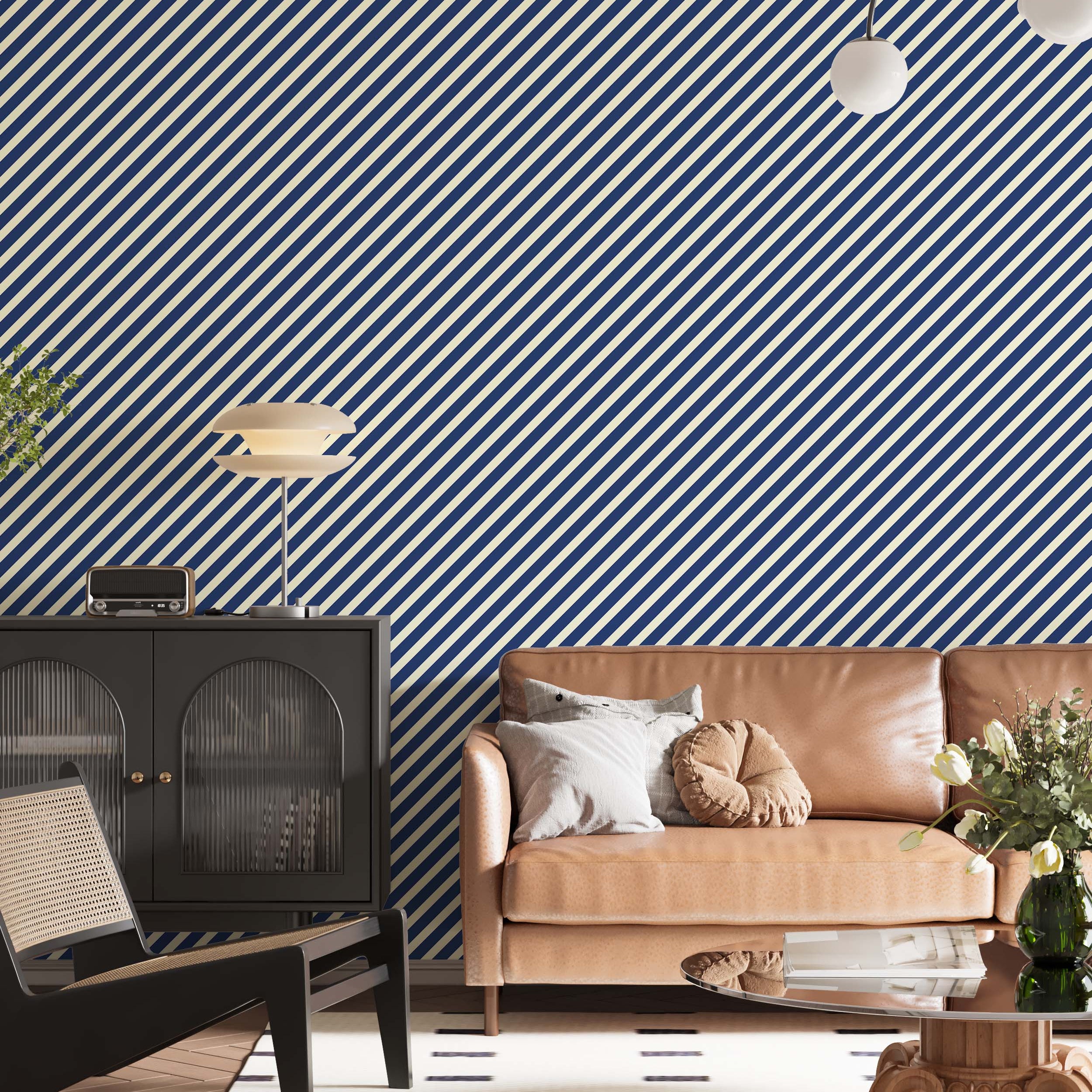 A bold wallpaper design with thick diagonal stripes in a classic navy blue and off-white color scheme.