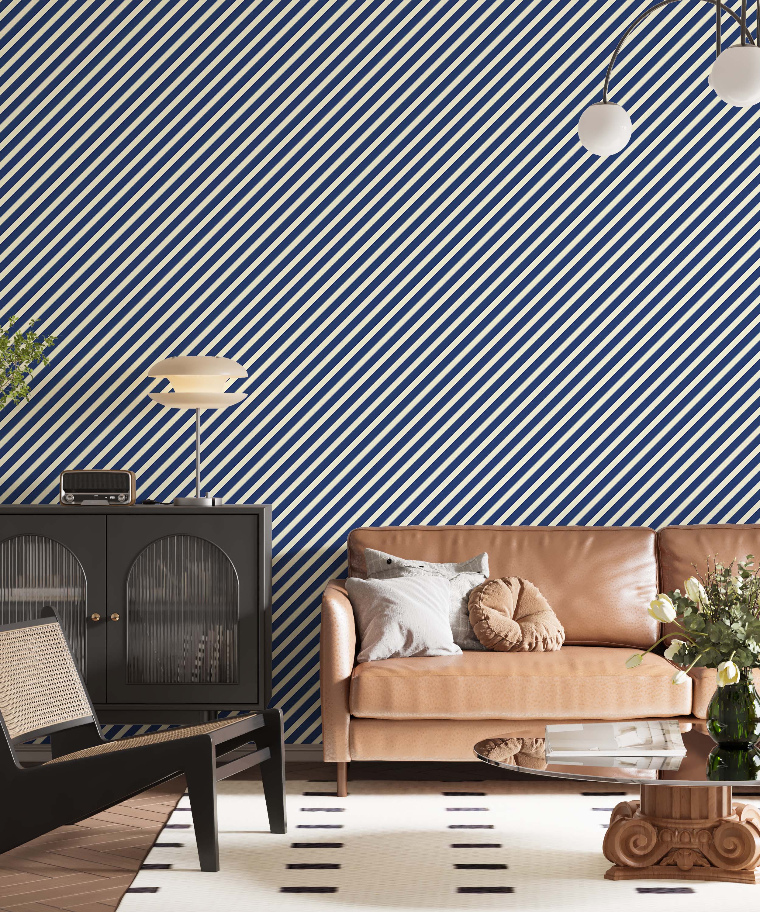 A bold wallpaper design with thick diagonal stripes in a classic navy blue and off-white color scheme.