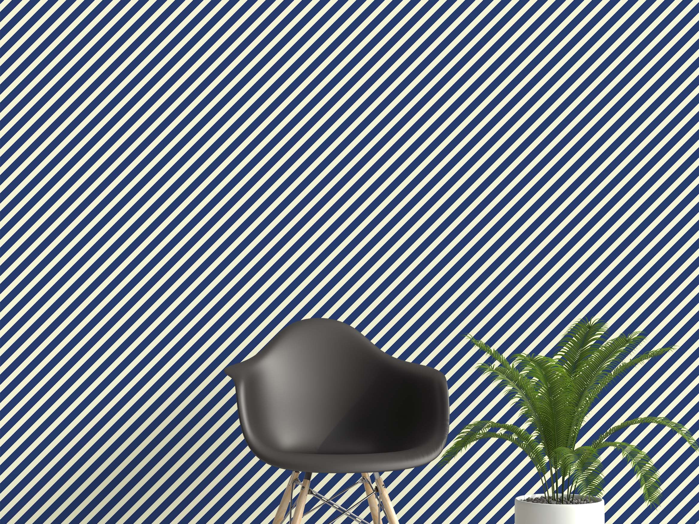 A bold wallpaper design featuring a repeating pattern of thick diagonal stripes in navy blue and off-white.