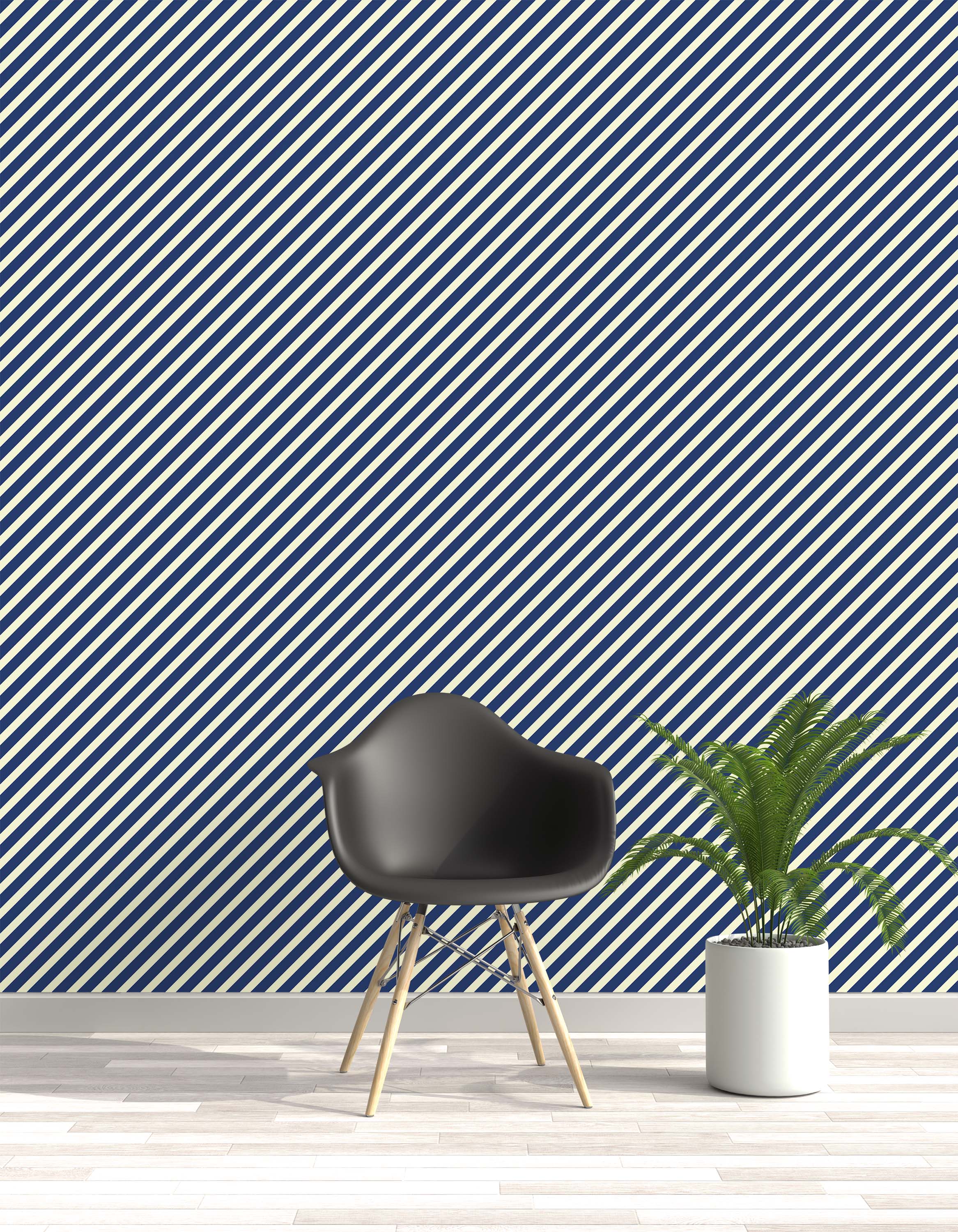 A bold wallpaper design featuring a repeating pattern of thick diagonal stripes in navy blue and off-white.