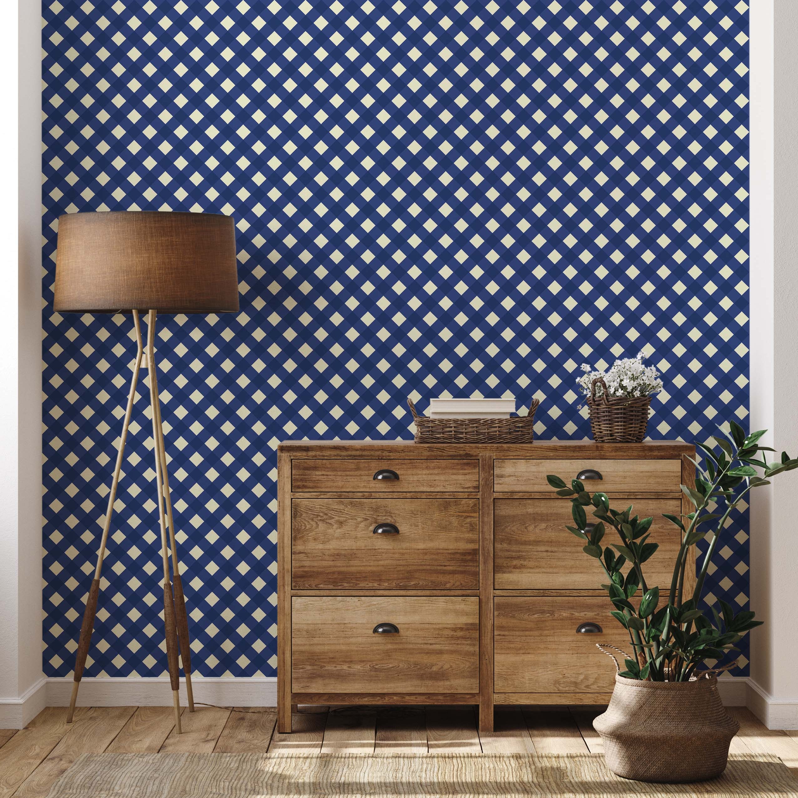 Wallpaper with a diagonal check pattern of cream diamonds against a two-tone blue background.