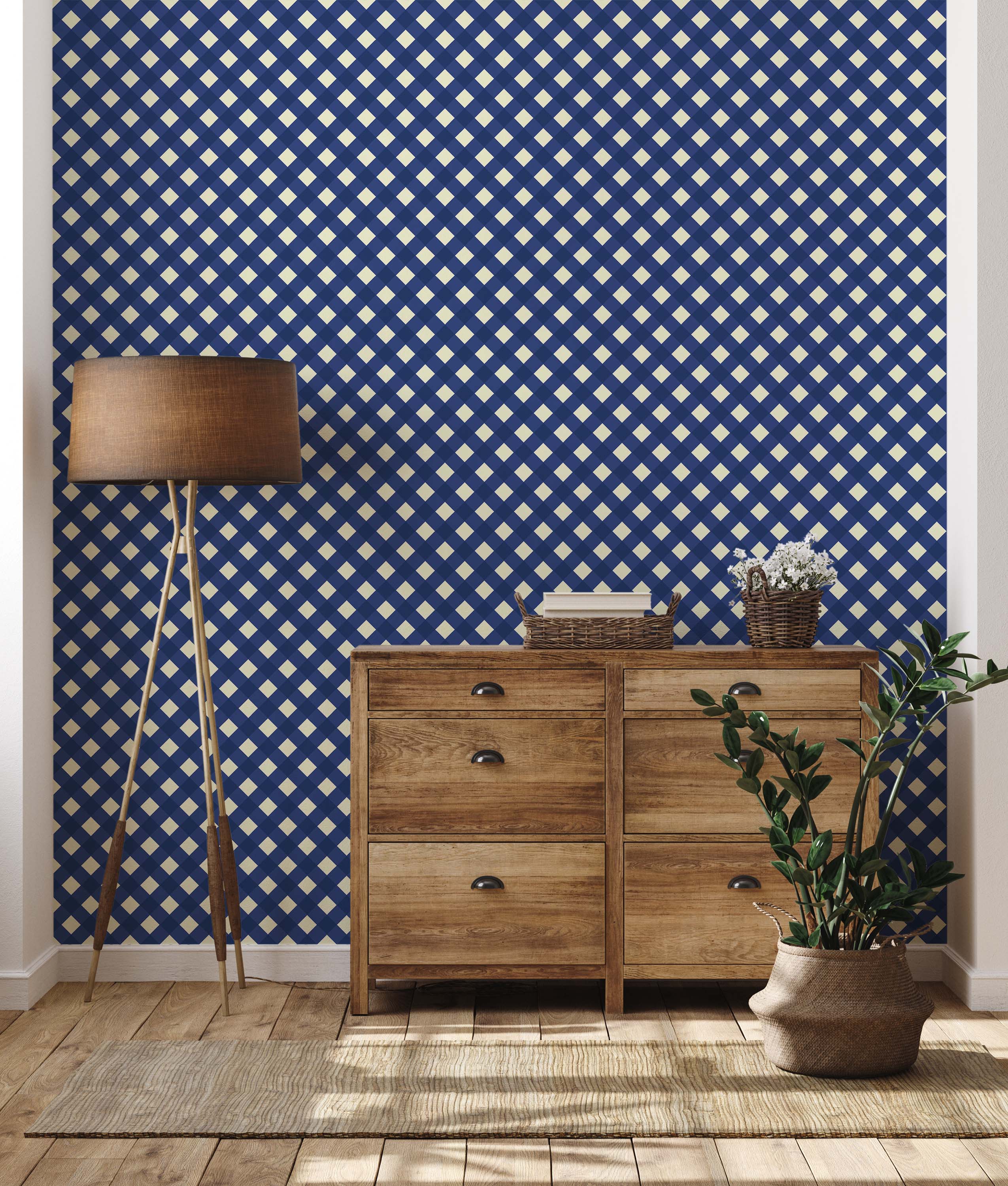 Wallpaper with a diagonal check pattern of cream diamonds against a two-tone blue background.