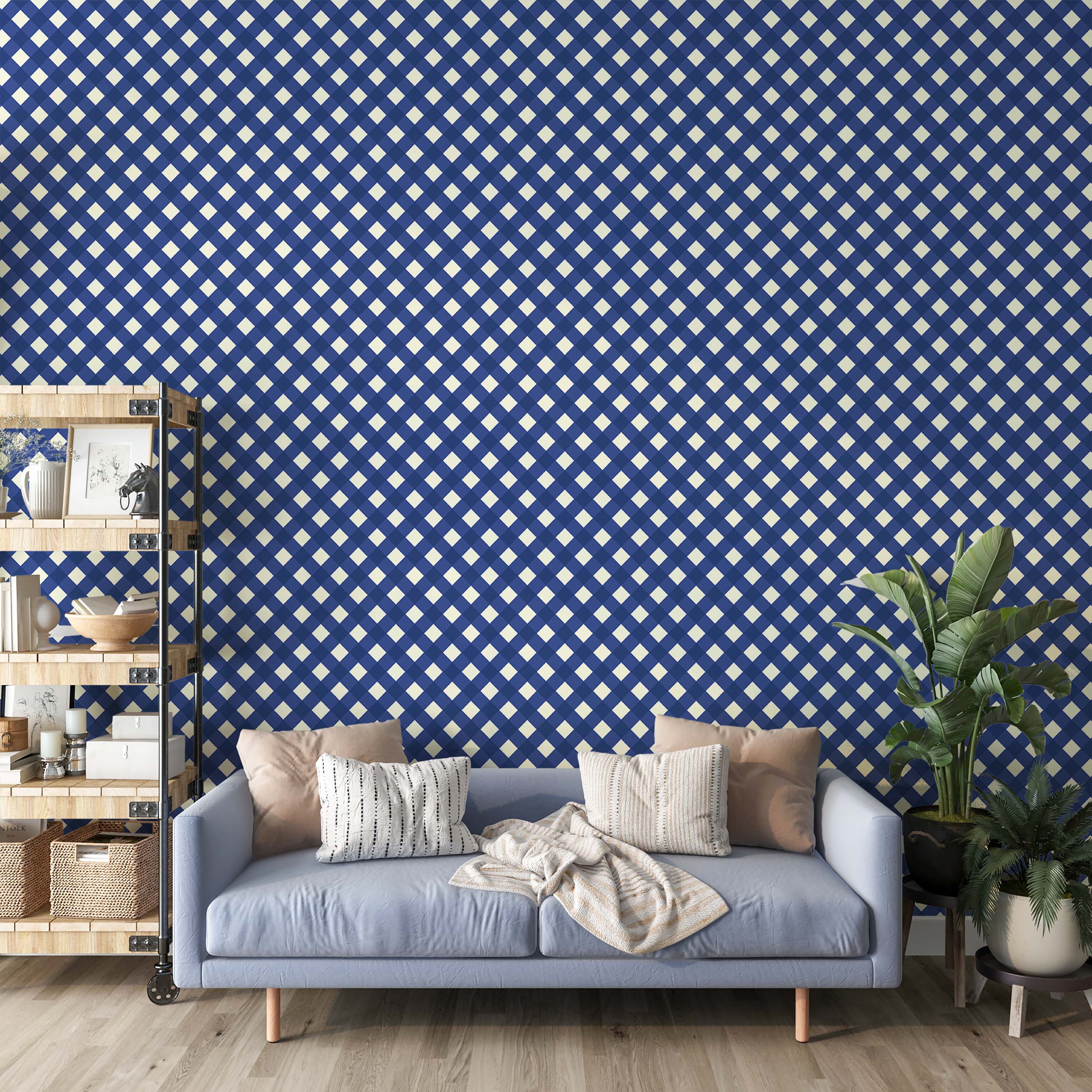 Blue and cream diamond gingham wallpaper with darker blue accents at the intersections.